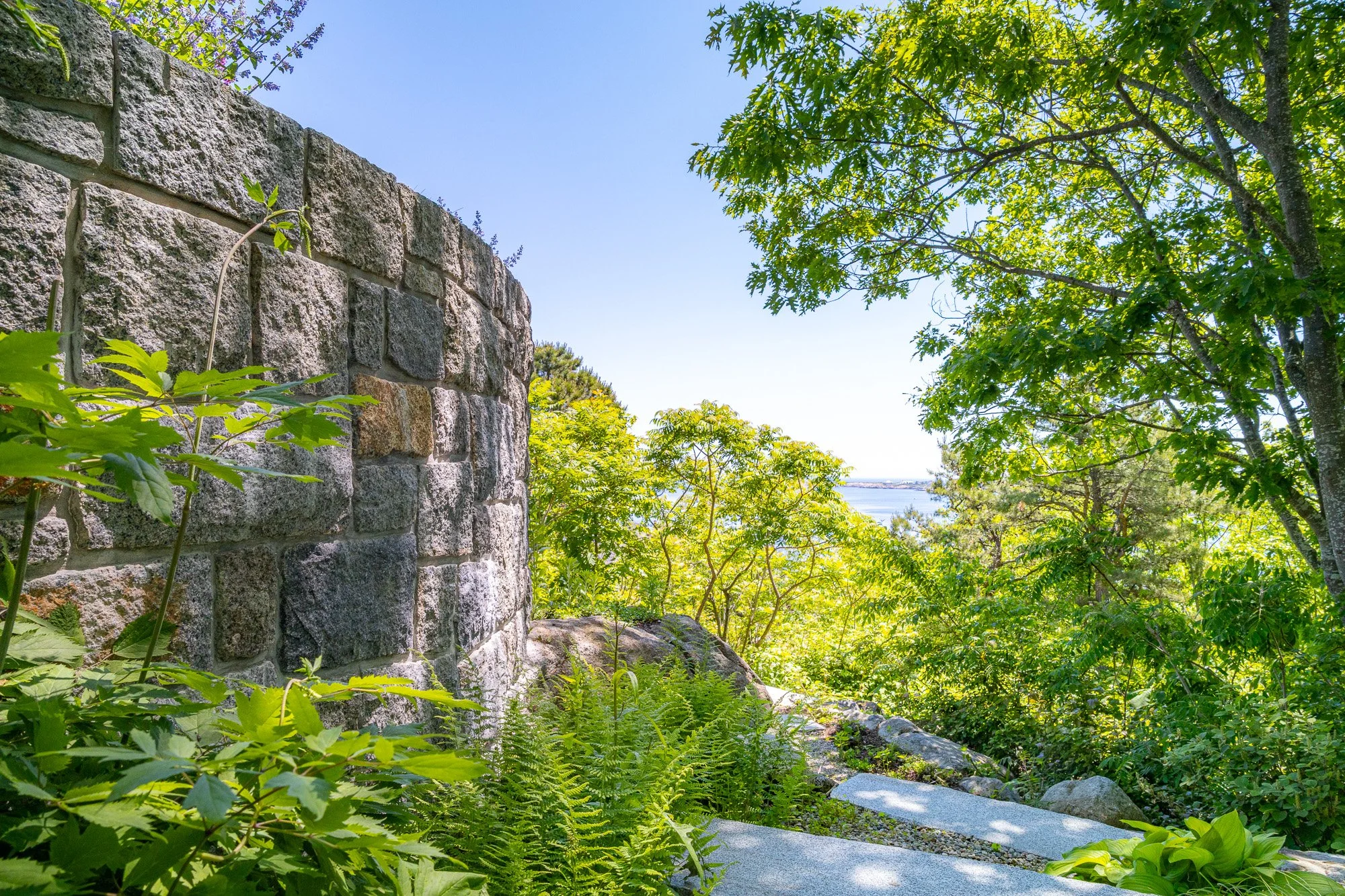 A stone wall surrounded by lush green trees and plants with a clear blue sky and water in the background.