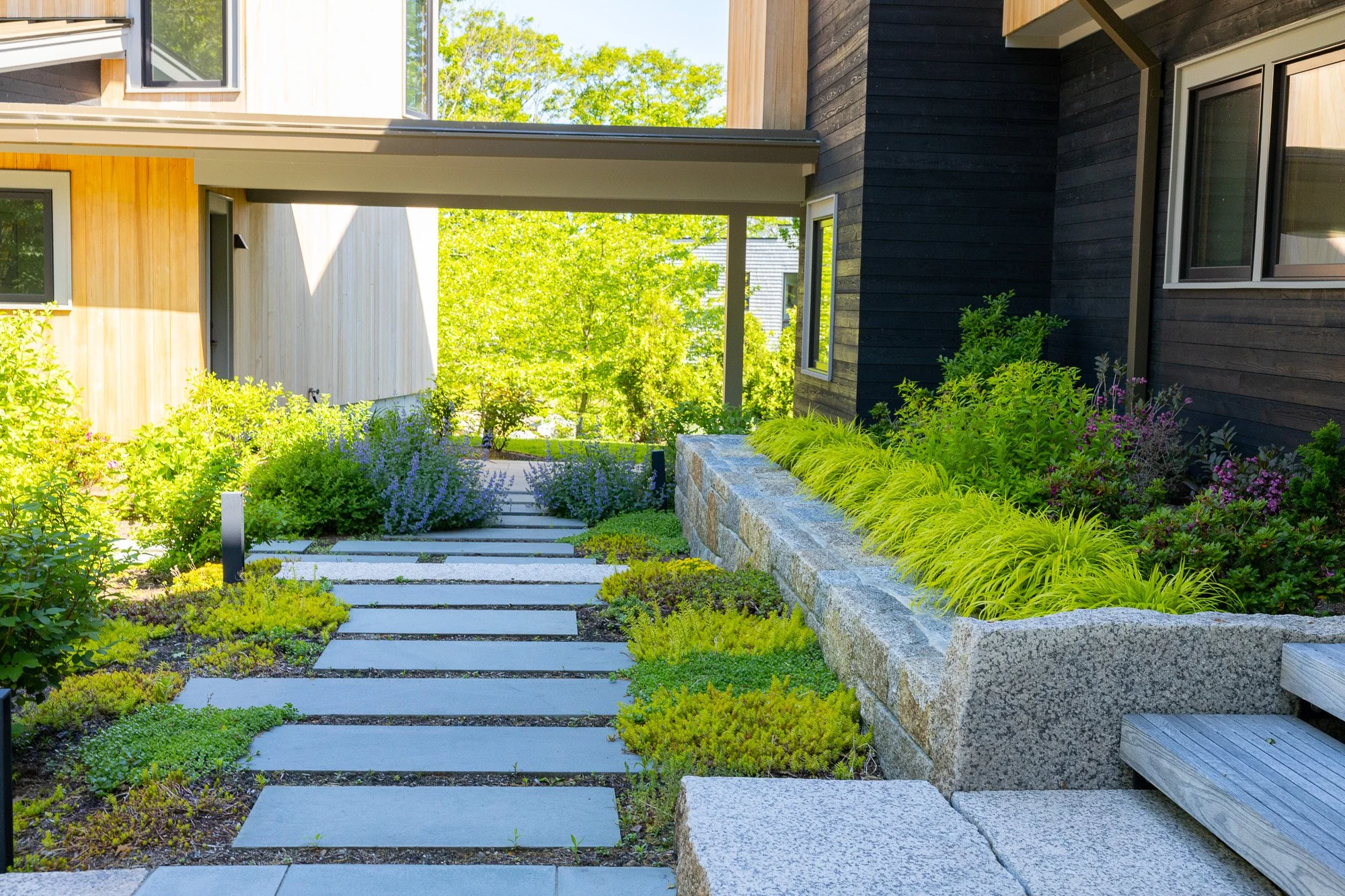 Modern house with a landscaped garden, stone pathway, and wooden exterior walls in daylight.