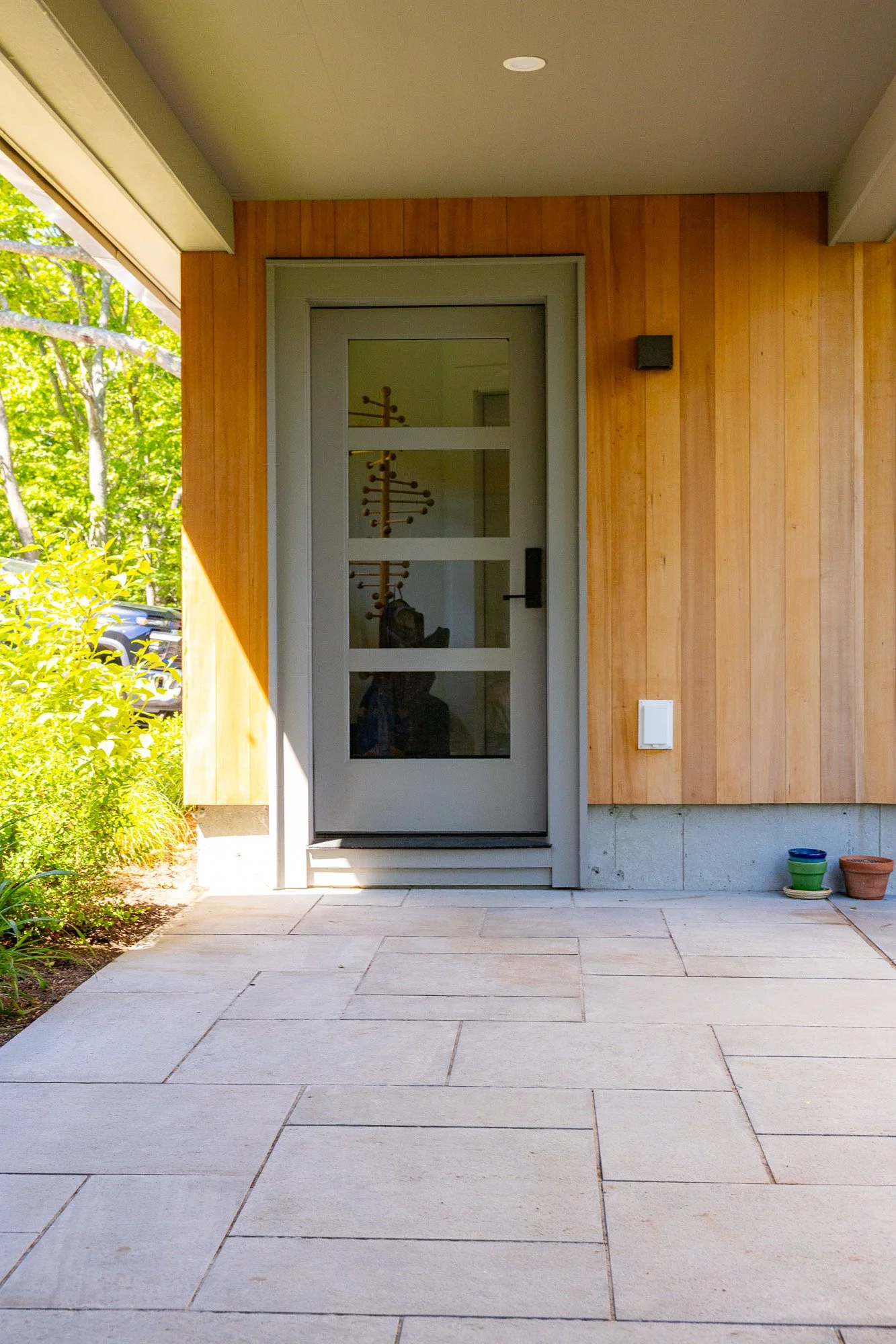 Modern house entrance with a gray door, glass panels, wooden wall siding, potted plants, and a paved walkway with greenery on the side.