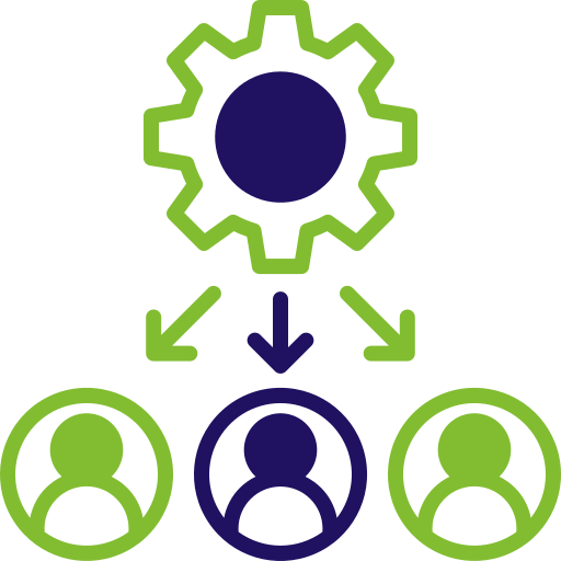 Flowchart with a gear icon at the top, three user icons at the bottom, and arrows indicating a process of sharing or distributing information from the gear to the users.