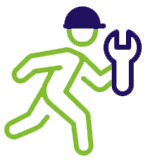 A simplistic line drawing of a person running with a wrench in hand, wearing a hard hat.