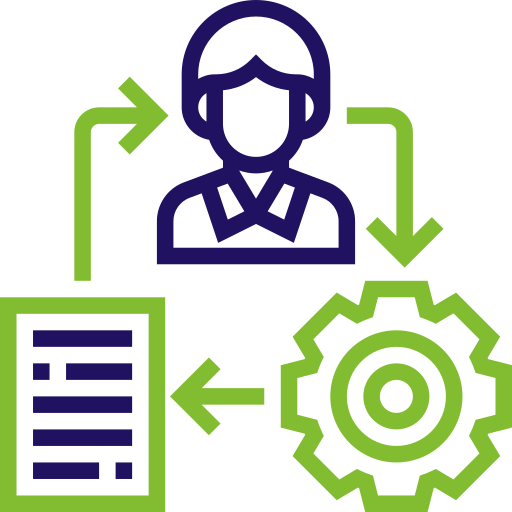 Icon illustrating communication or workflow involving a person, document, and gear.