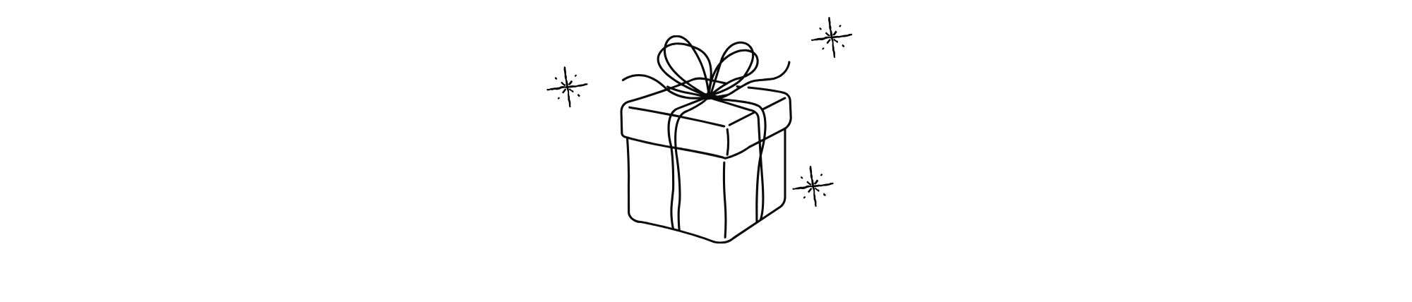 Minimalist line drawing of a gift box with a bow on top.