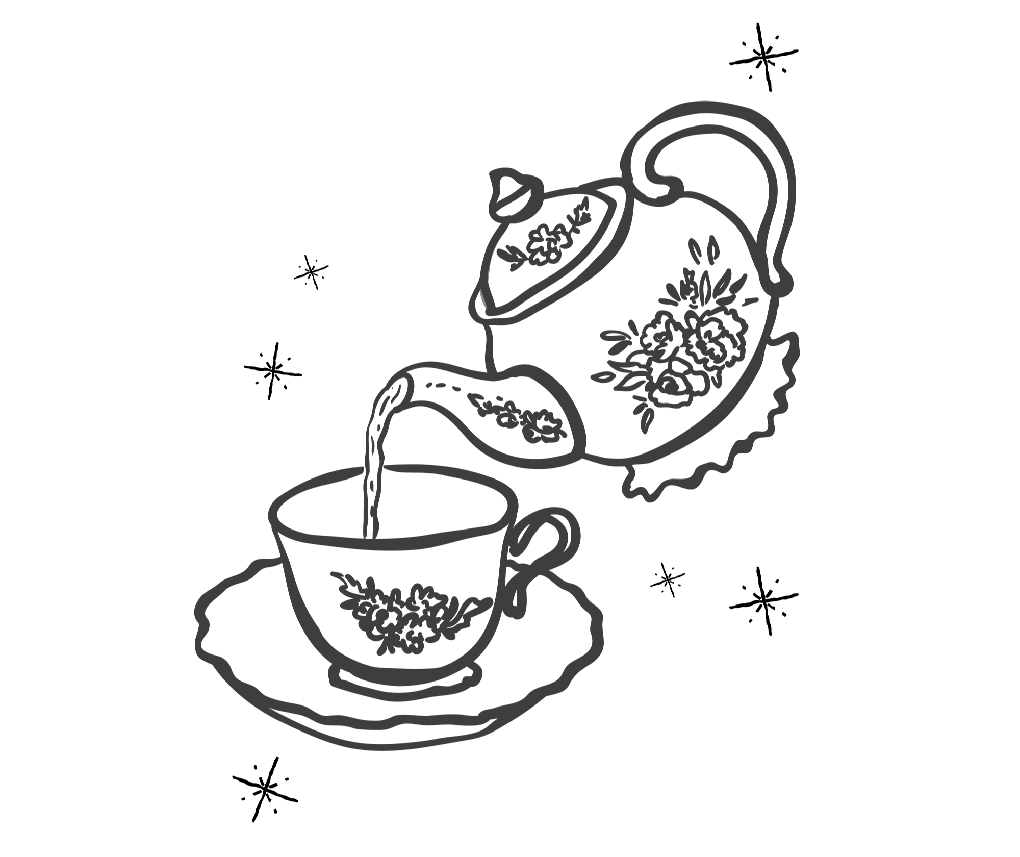 Line drawing of a teapot pouring tea into a cup on a saucer, with a plate of cookies and a rising steam.