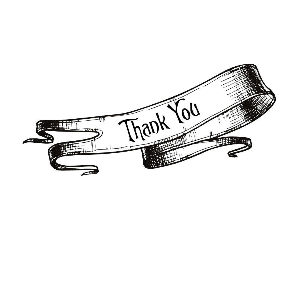 Line drawing of a decorative banner or ribbon with some text in a fancy font.