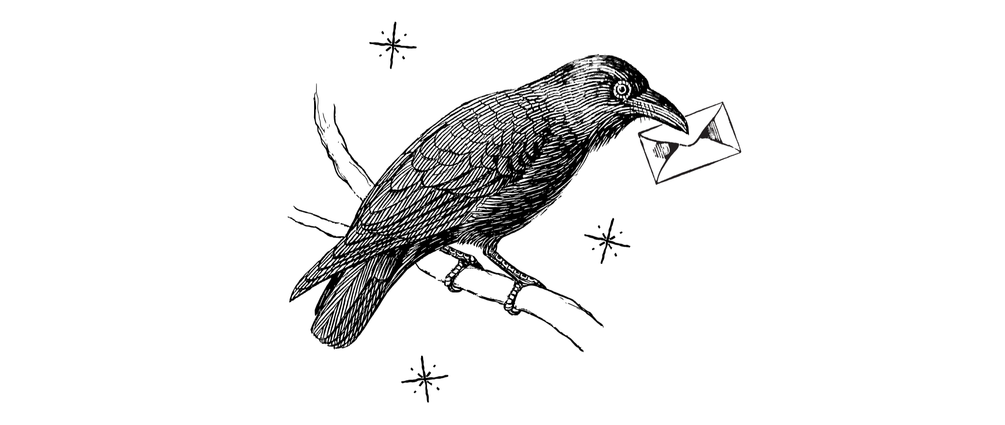 A black background with a small illustration of a closed envelope with a letter inside, located near the right side of the image.