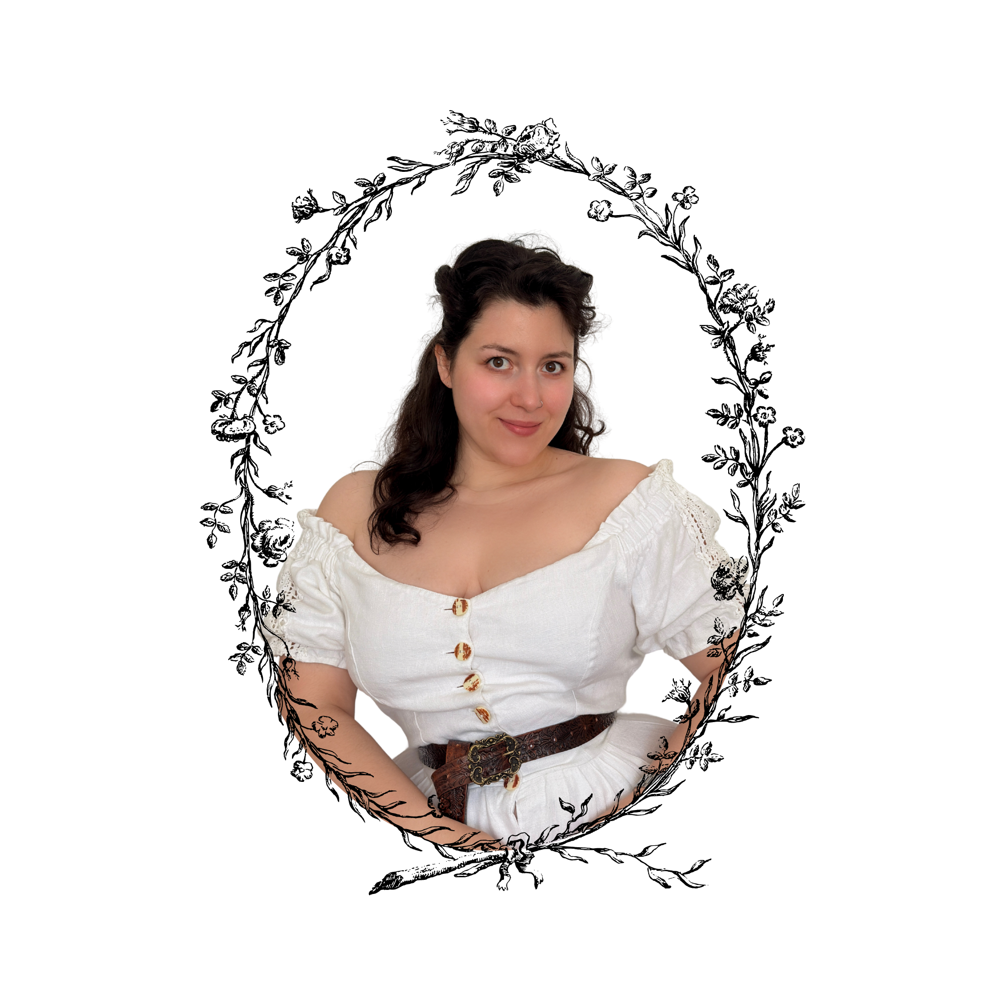 A woman with dark brown hair and a nose ring wearing a white off-shoulder top with lace sleeves and a brown leather belt.