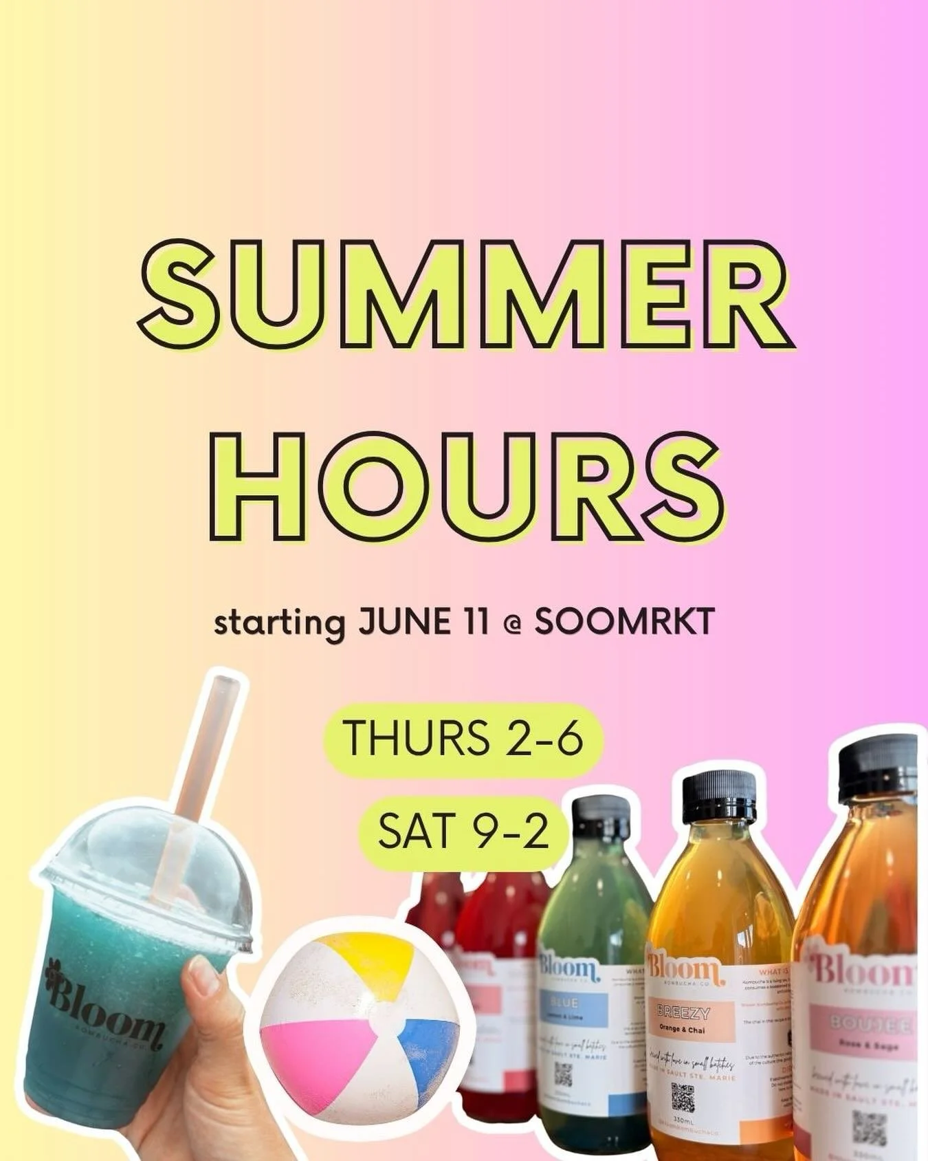 ☀️ SUMMER HOURS ARE HERE ☀️(starting NEXT WEEK)

Longer days call for more kombucha. 🫶

Starting June 11, you can find us at SOOMRKT during our new summer hours:

🌸 Thursdays: 2 PM - 6 PM
🌸 Saturdays: 9 AM - 2 PM

Stop by to stock up on your favou
