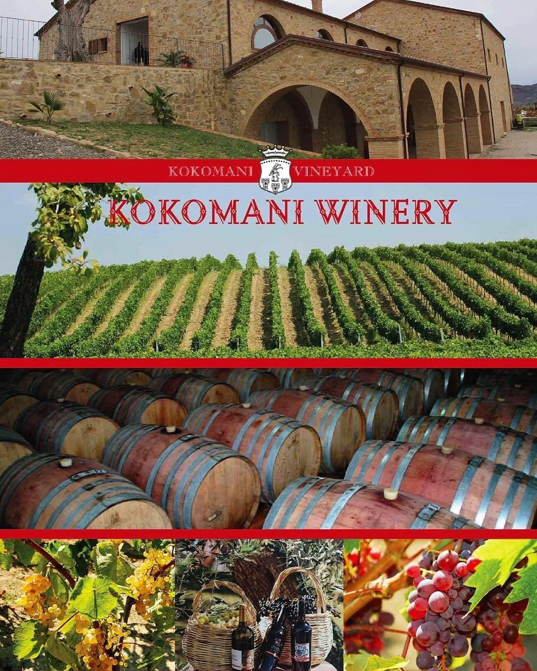 A collage of images from Kokomani Vineyard including a winery building, vineyard rows, wine barrels, grapevines with yellow grapes, and grape clusters with red grapes, with the label 'Kokomani Winery' and the vineyard name 'Kokomani Vineyard'.