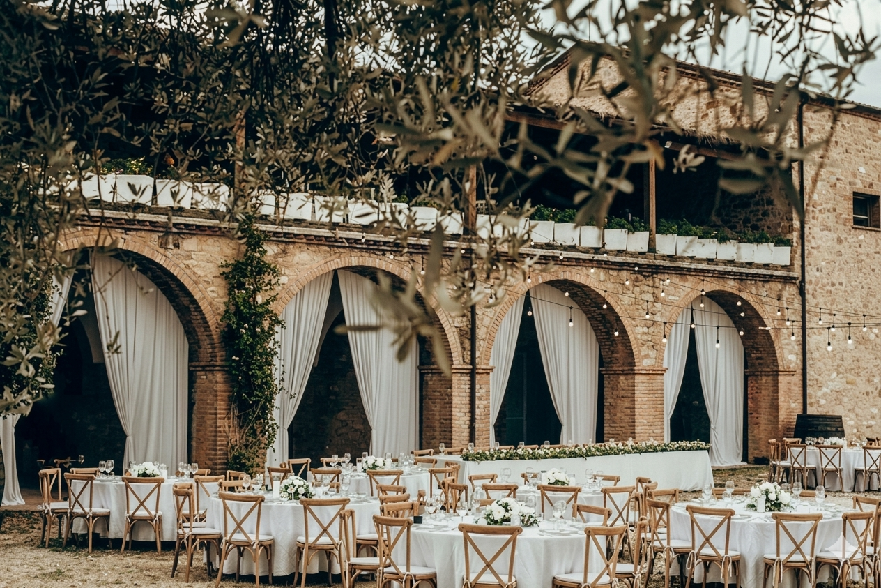 Outdoor wedding reception setup with round tables, white tablecloths, floral centerpieces, wooden chairs, string lights, and a stone building with arches and white curtains.