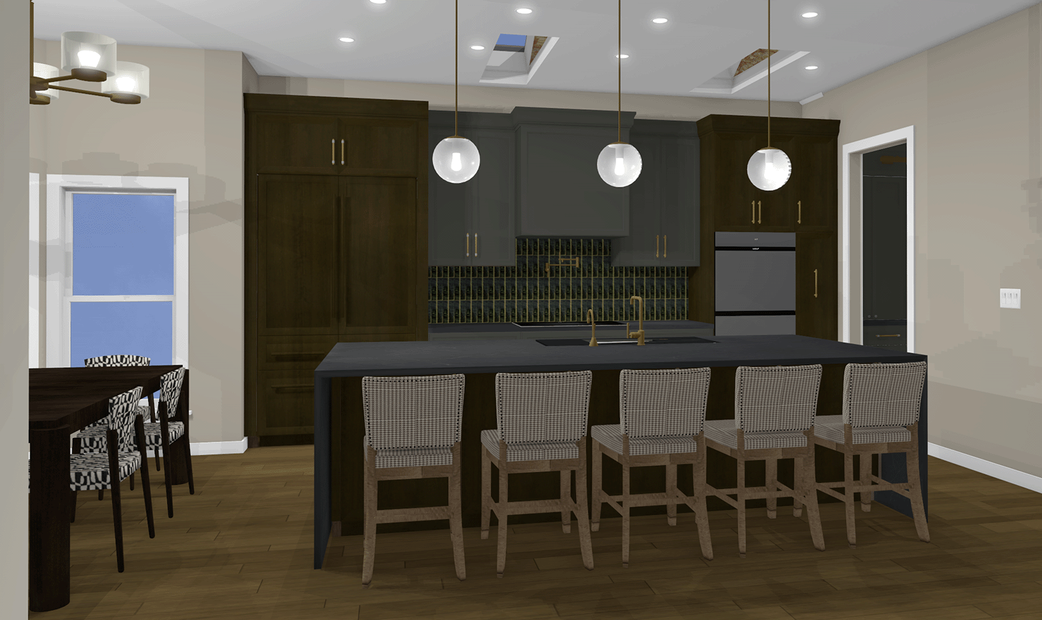 Modern kitchen with dark wood cabinets, soapstone countertop island with counter height chairs, green backsplash tiles, and pendant lighting.