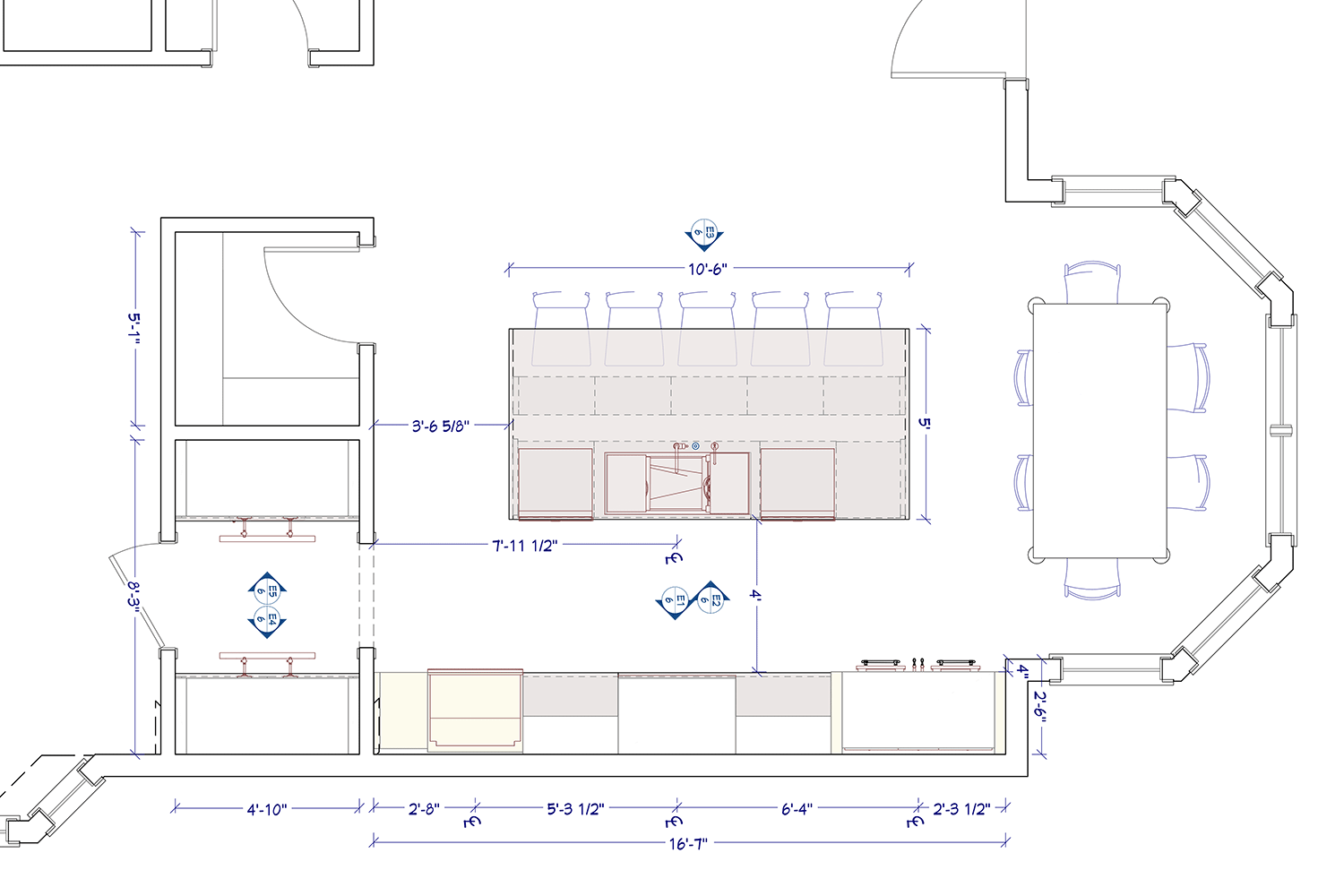 Floor plan of kitchen with detailed measurements and cabinetry layout.