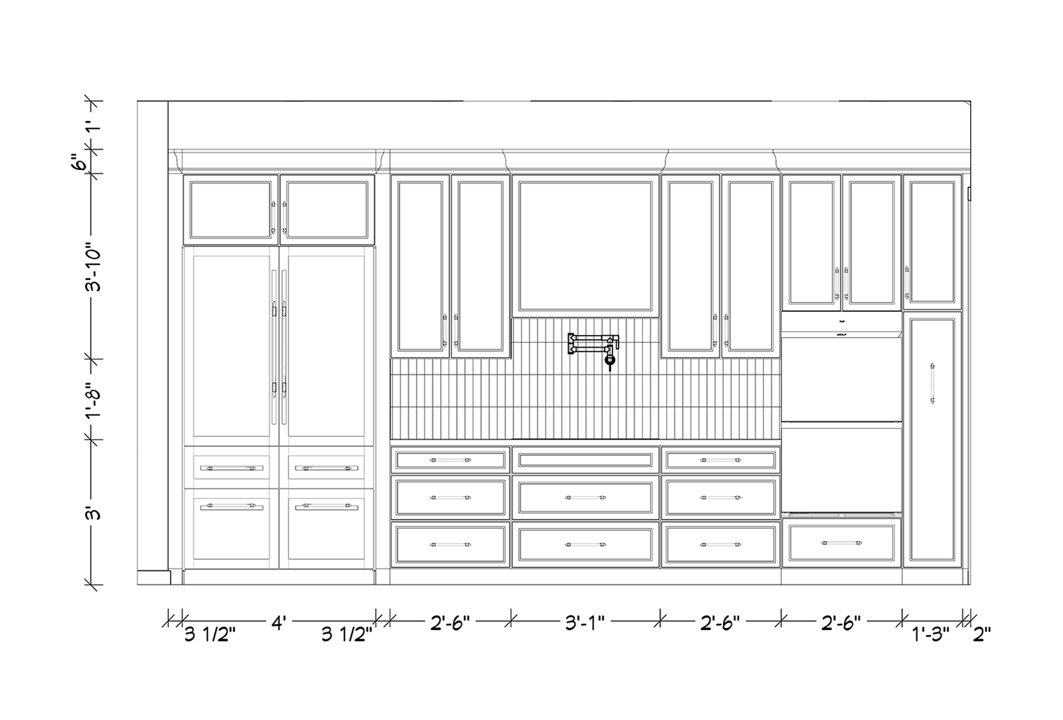 Elevation of a kitchen wall layout with cabinets, drawers, and a custom vent hood in the center, measurements marked in inches and feet.