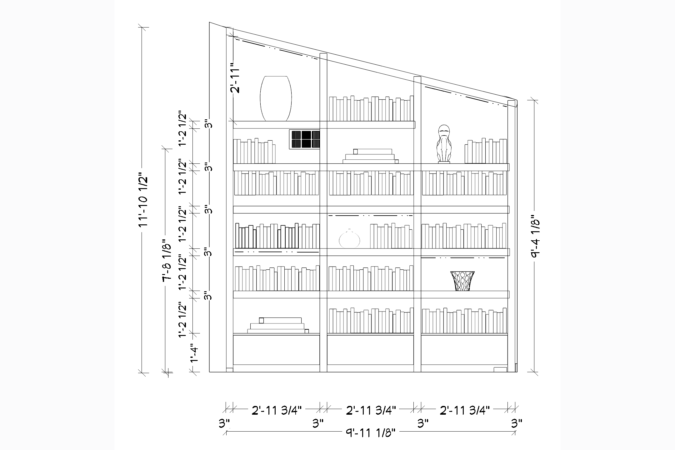 A detailed architectural blueprint of a multi-story shelving unit with measurements and various decorative items on the shelves.