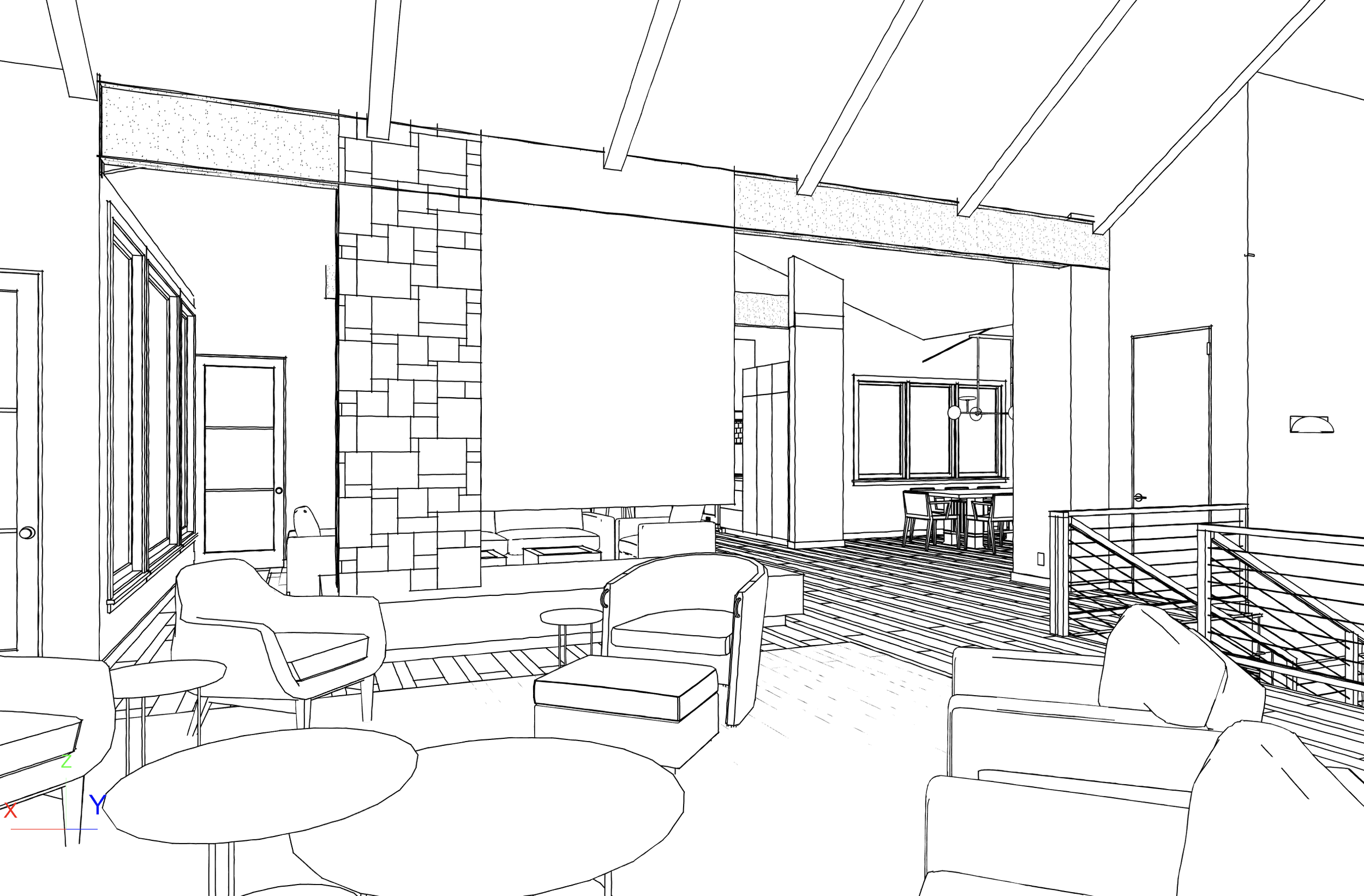 Line drawing of a modern open-concept living room with a seating area, fireplace, dining table, and large windows.