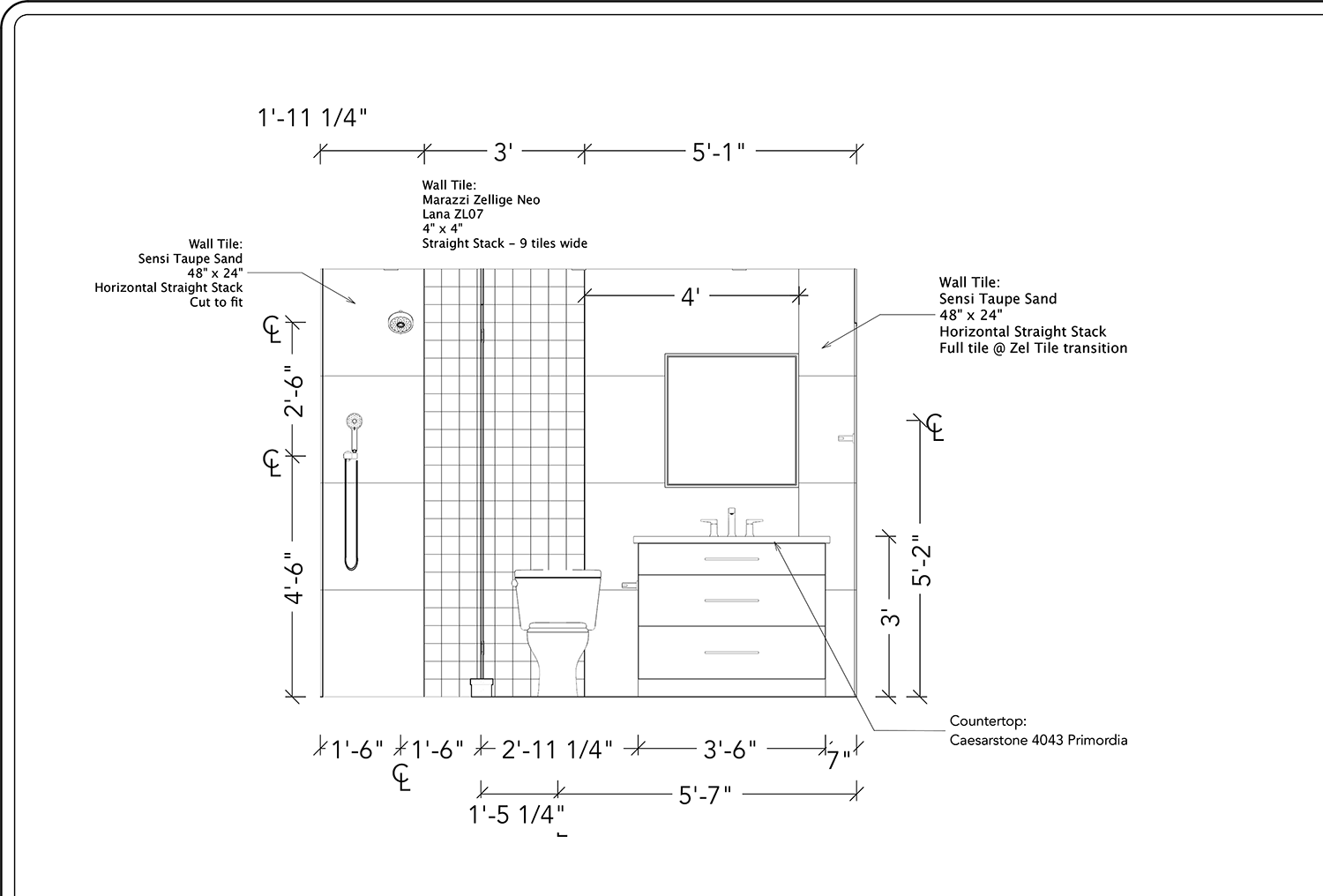 A detailed bathroom design plan showing measurements, tile selections, and layout details including a shower area with taupe sand tiles, a toilet, a vanity with a mirror, and specified wall and floor tiles and features.