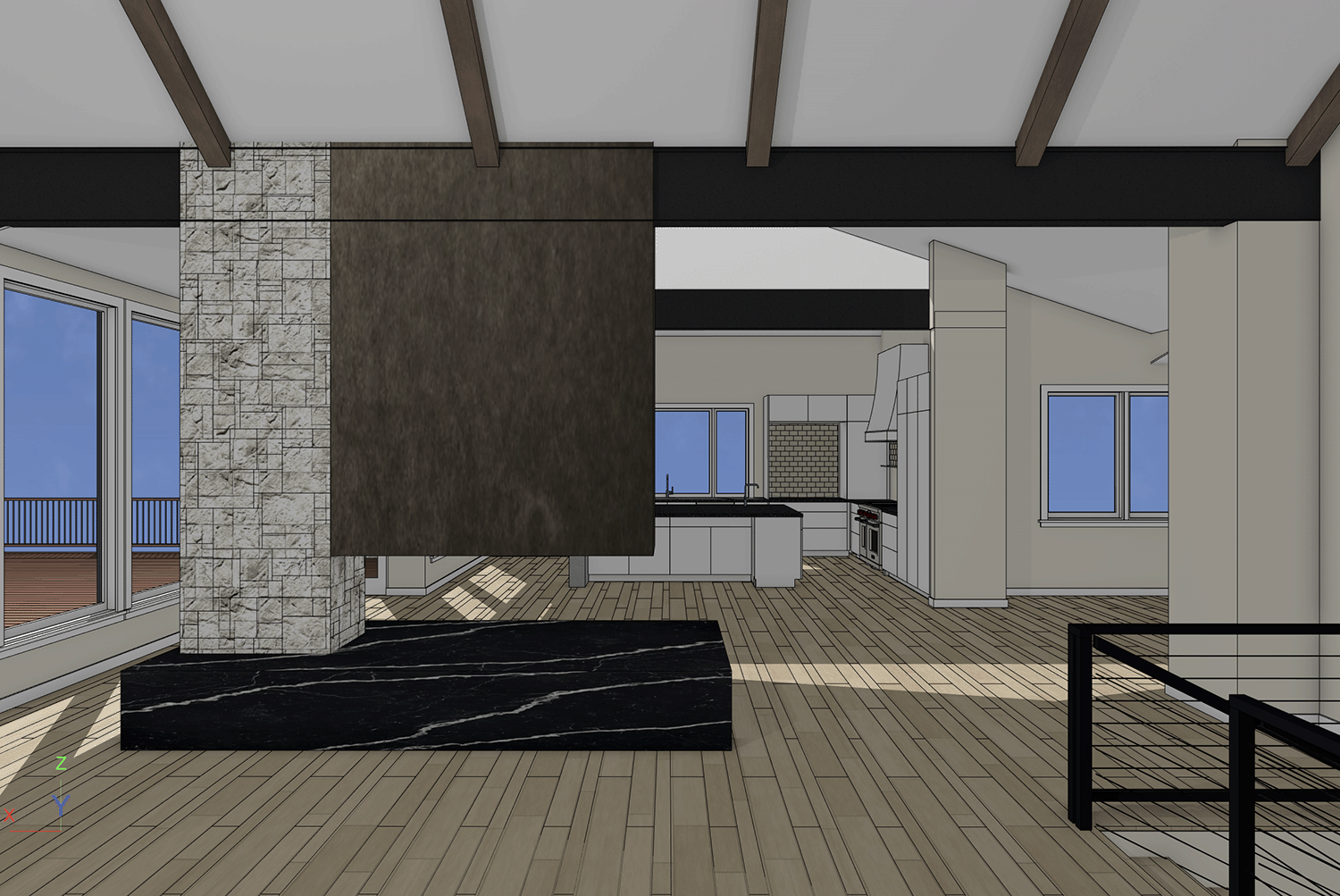 Interior rendered perspective of a modern mountain home.