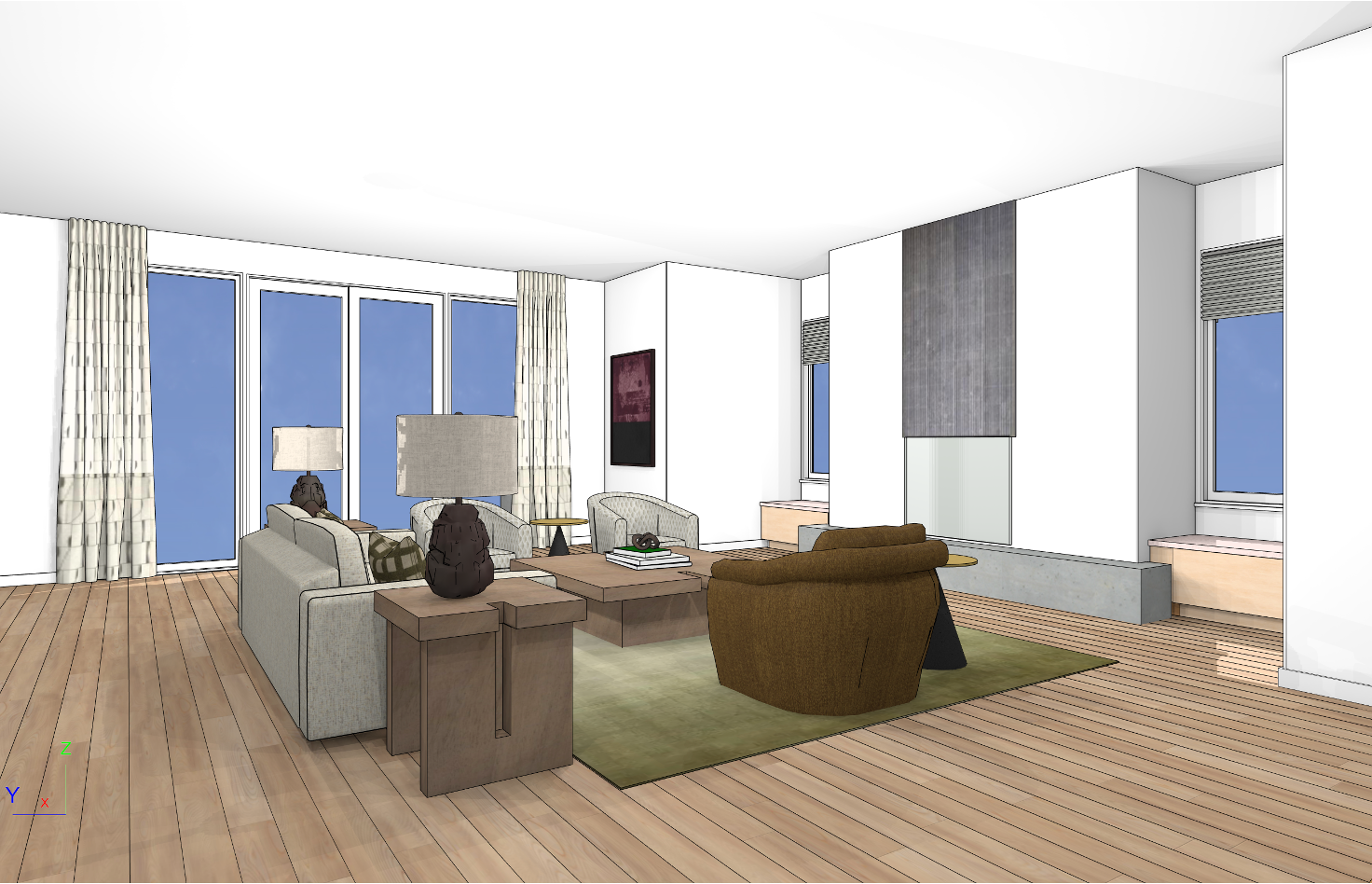 Interior rendering of a modern living room with large floor-to-ceiling windows, beige couches, a brown armchair, a wooden coffee table with books and decor, a side table with a lamp, and a green area rug.