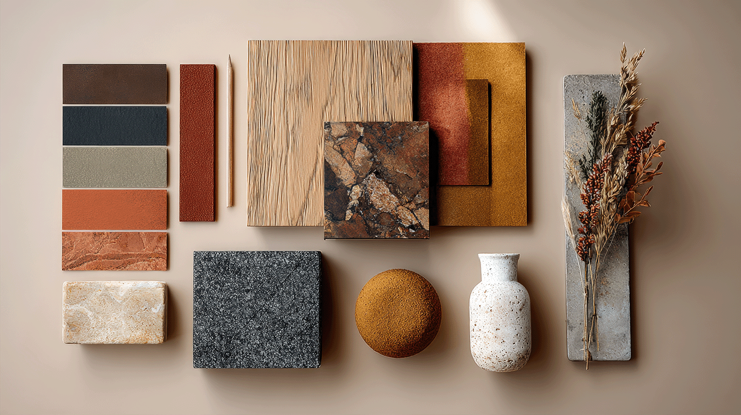 A flat lay of various color and texture samples, including tiles, stones, and fabric swatches, arranged on a beige surface with a white vase and dried flowers.