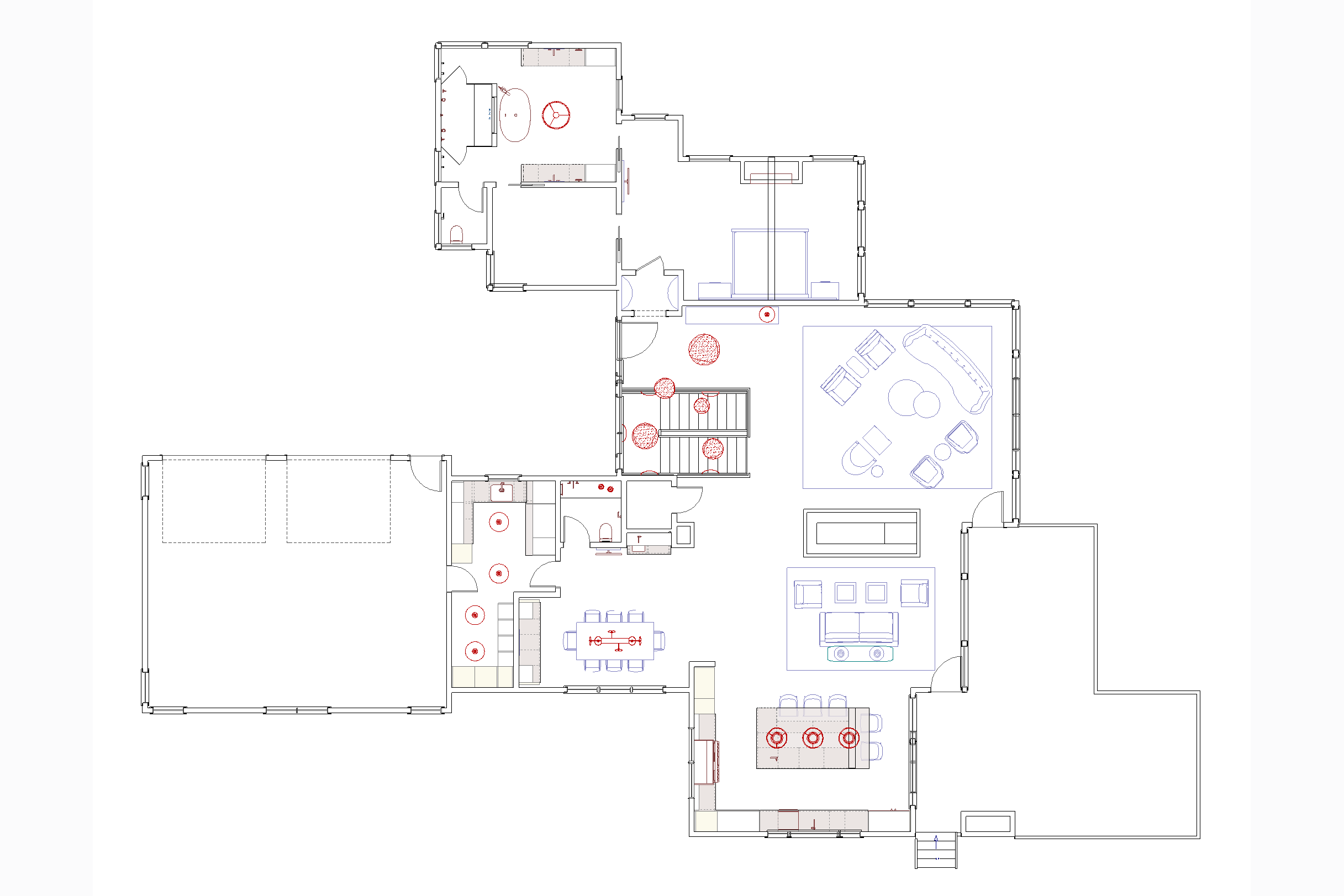 Floor plan of a house with various rooms and furniture layouts.