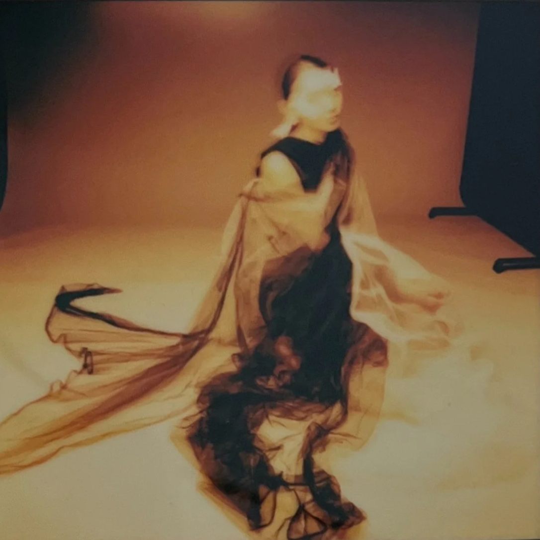 A woman in black clothing with flowing, sheer fabric in shades of brown and beige, swirling around her as she moves on a plain background.