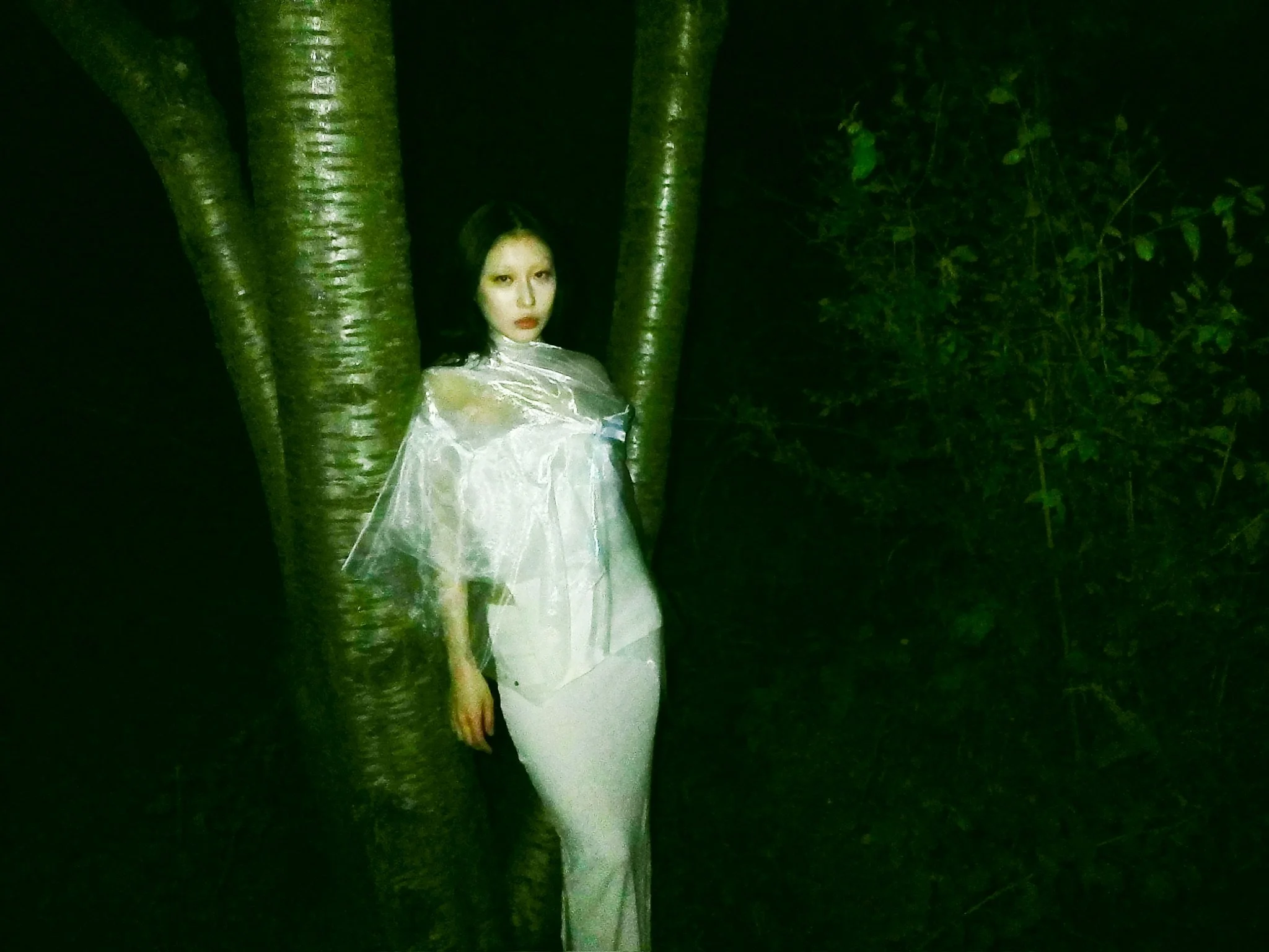 A woman standing behind a tree at night, wearing a white sheer top and white pants, with dark hair and makeup.