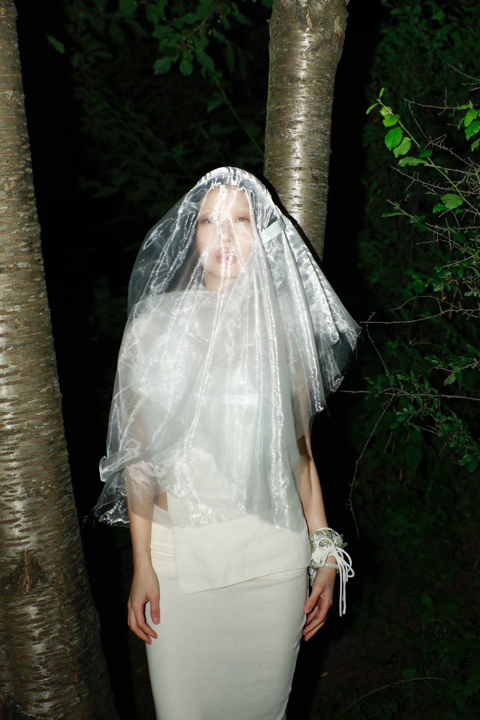 A woman standing outdoors at night, partially obscured by a sheer, reflective veil, wearing a light-colored dress with long sleeves and holding a corsage. She is positioned between two trees with dark, leafy background.