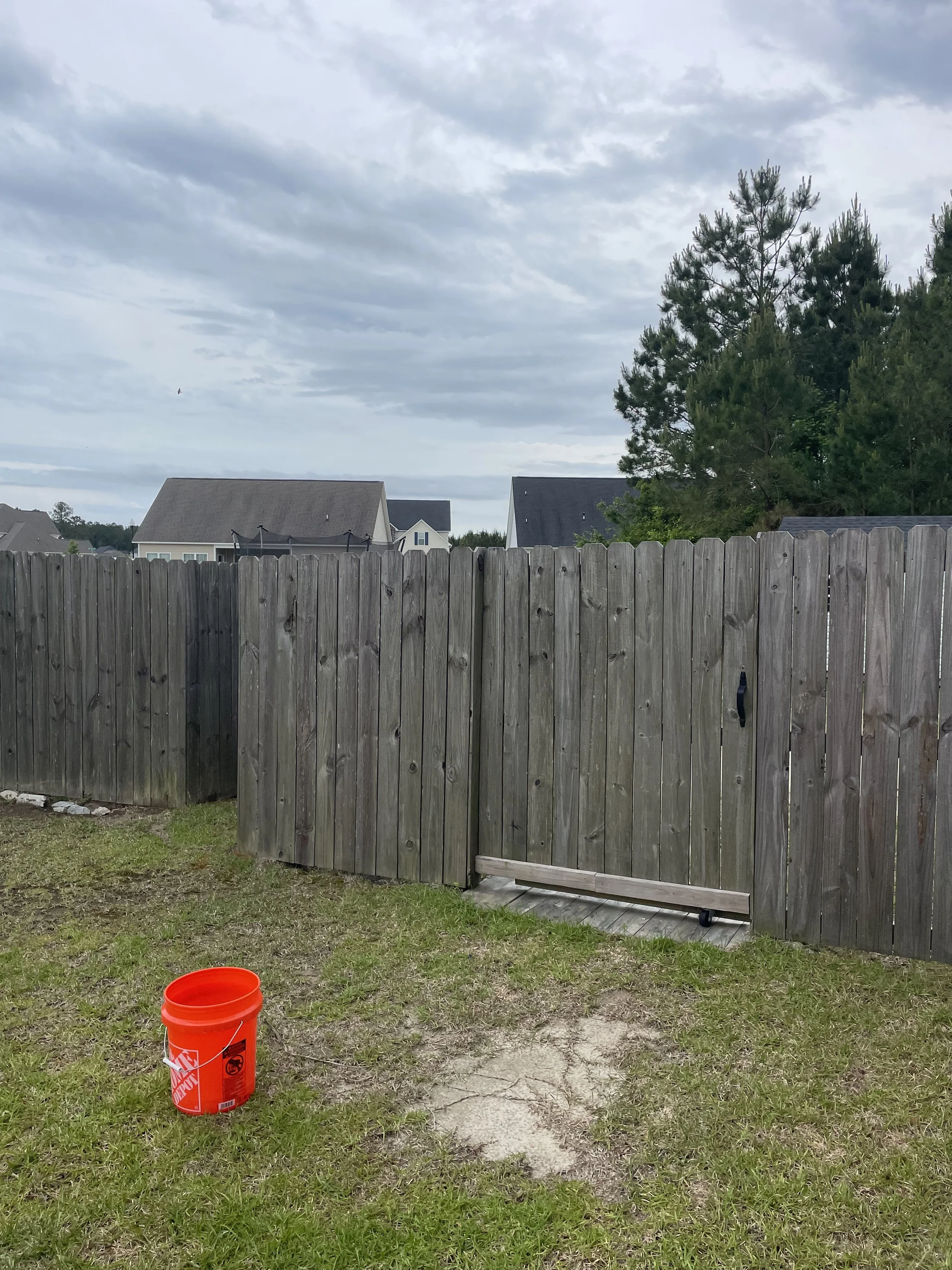 Backyard scene with a wooden fence, grassy yard, red bucket, and houses with pitched roofs in the background under cloudy sky.