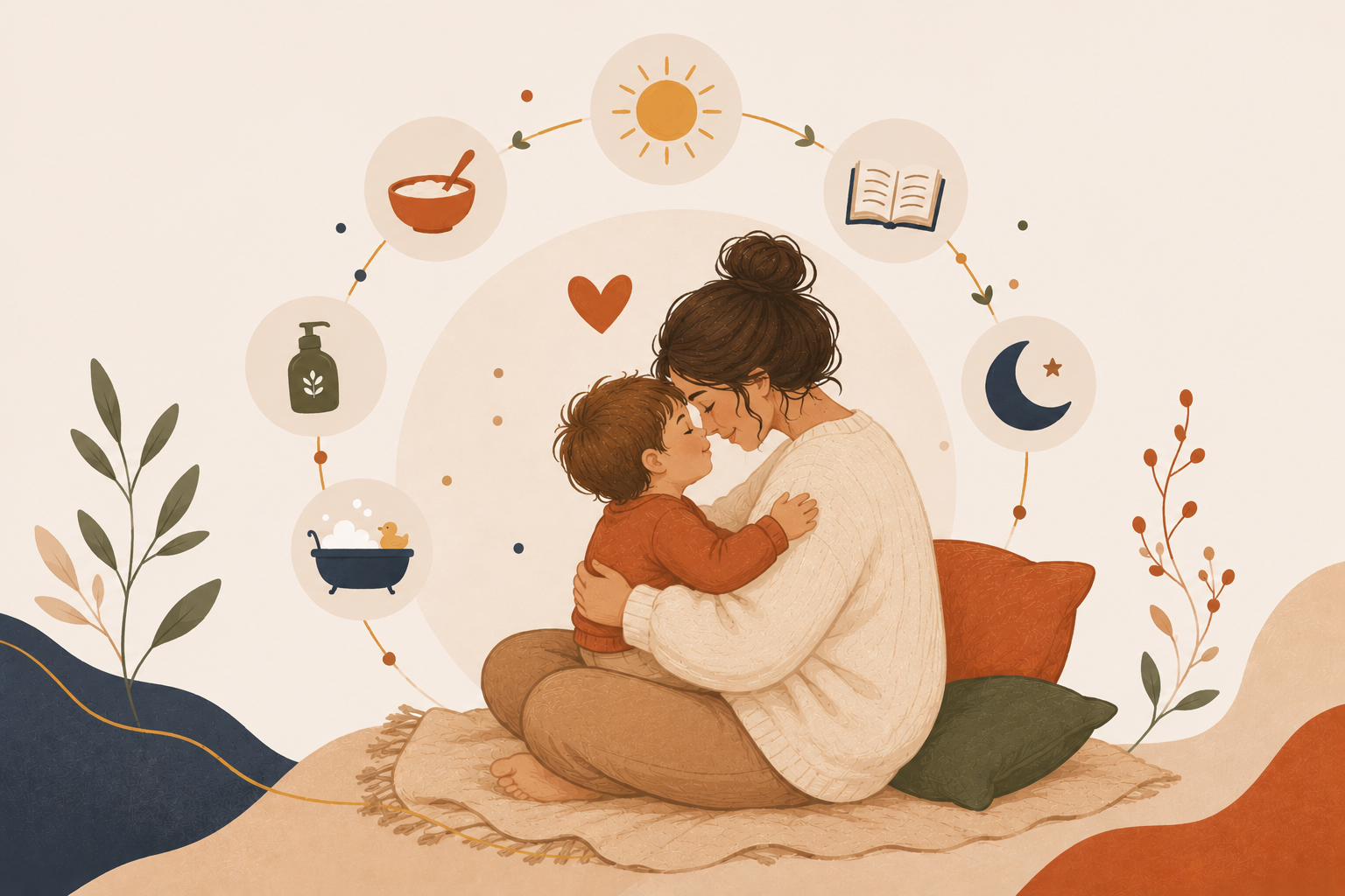 An illustration of a mother and child sitting on a cozy blanket, face to face, touching foreheads, surrounded by calming icons like a moon, stars, a book, and a bowl of food, with leaves and abstract shapes in the background.