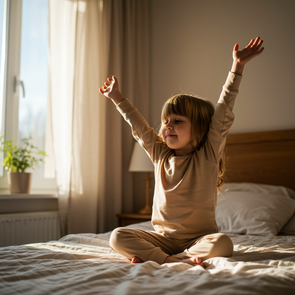 A Milk & Coffee Kids girl sitting cross-legged on a bed with her arms raised in a joyful pose the morning of her first day of kindergarten, in a sunlit bedroom with a window, curtains, and a potted plant in the background.
