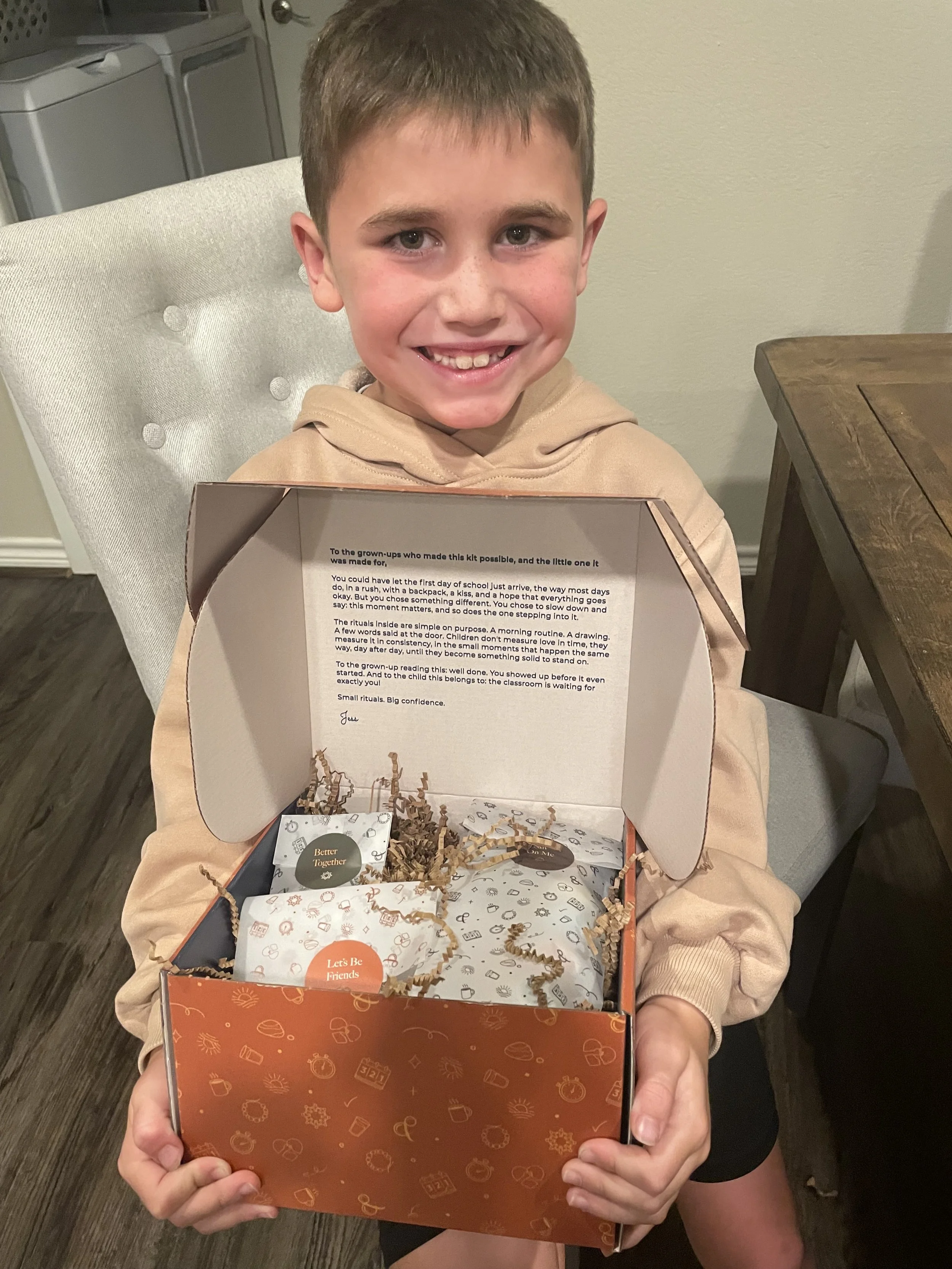 Elementary Boy holding Milk and Coffee Kids Kit
