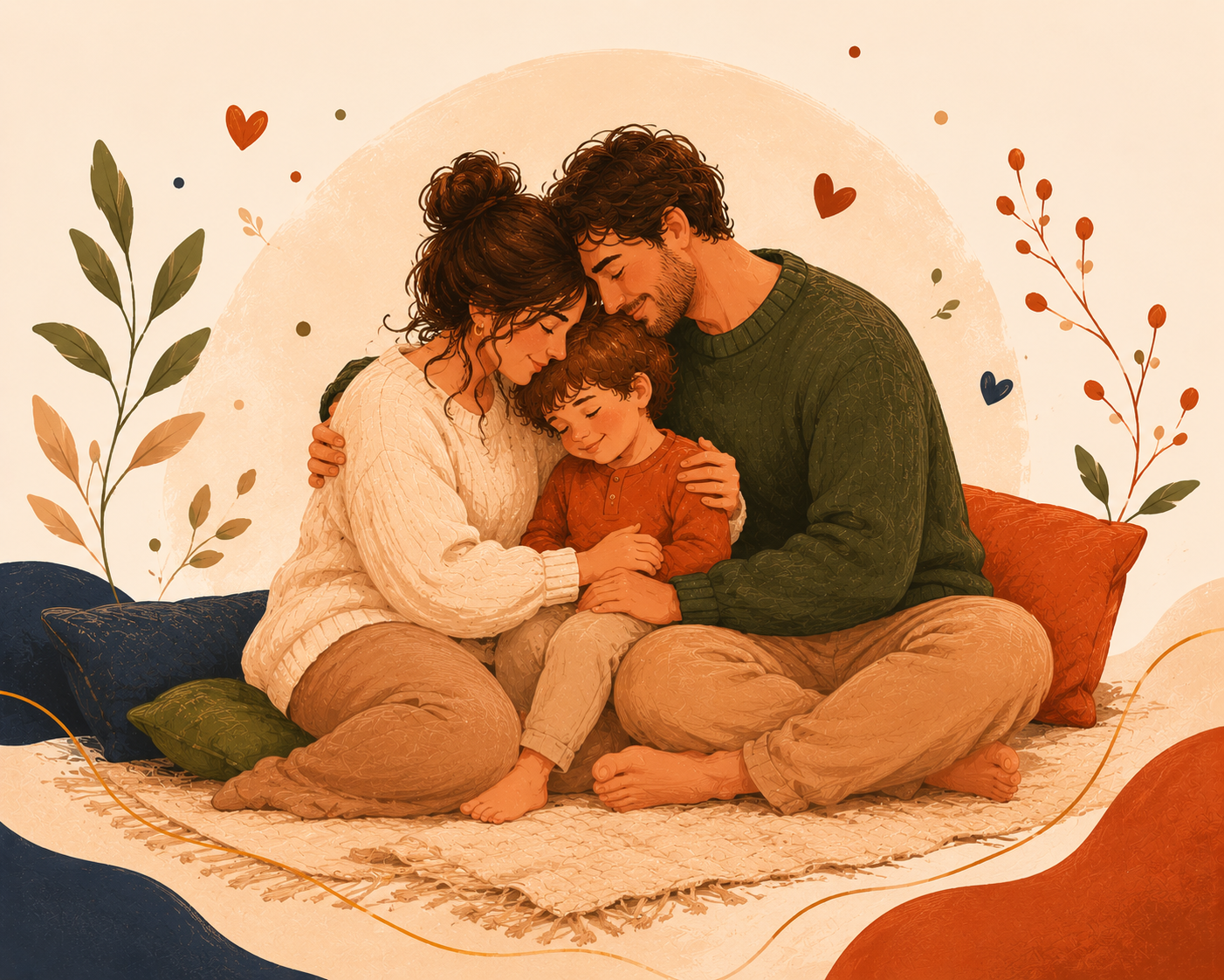 Illustration of a family sitting close together on a patterned rug, with their heads touching in a loving moment. The family includes a woman, a man, and a young boy, all smiling softly with eyes closed. The background features three leafy plants and small colorful hearts and dots. The scene exudes warmth and affection.