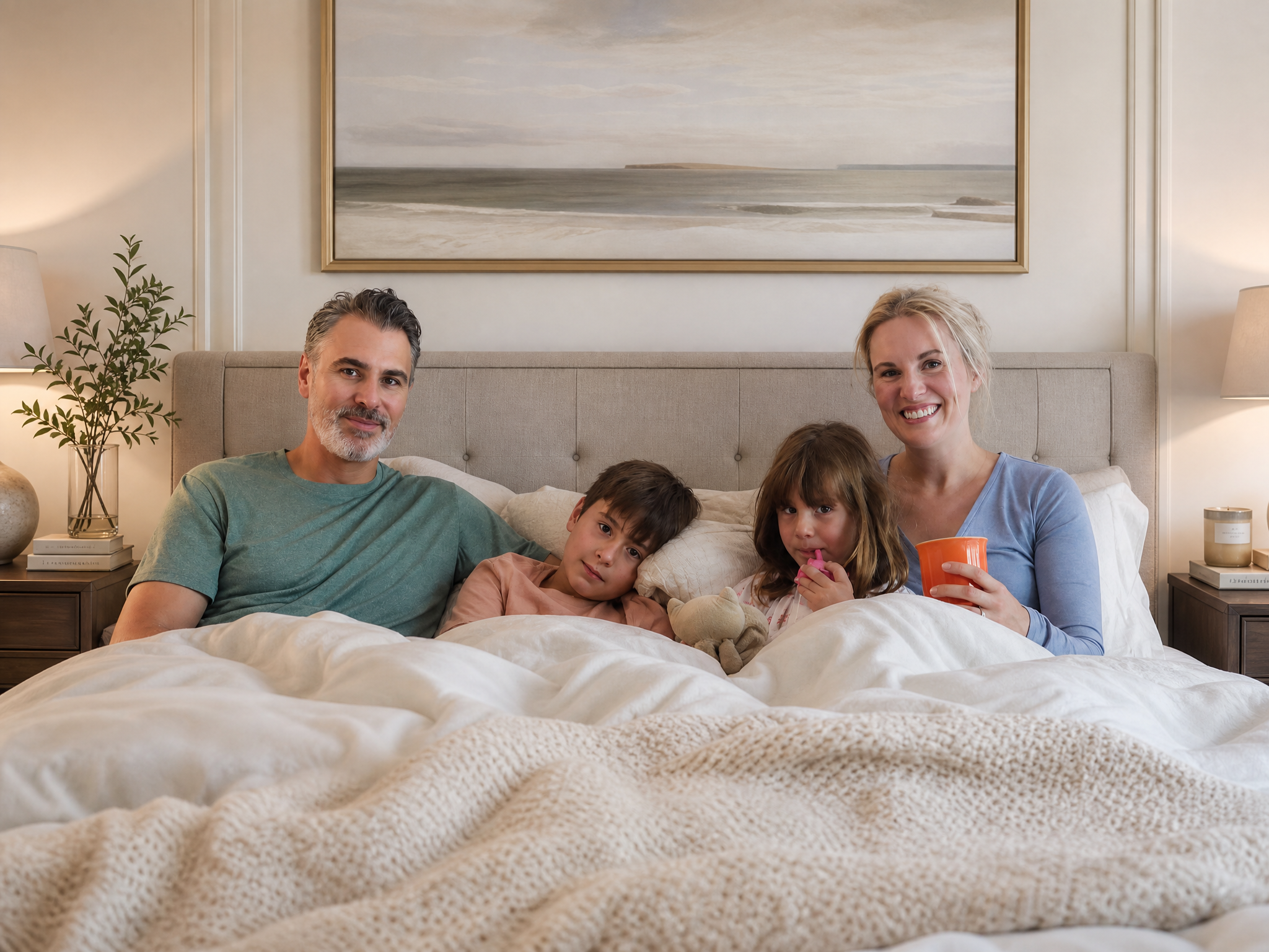 Family sitting on a bed in a bedroom, smiling at the camera. The family includes two adults and three children, with a art piece of a beach scene above the bed, and lamps and a plant in the background.