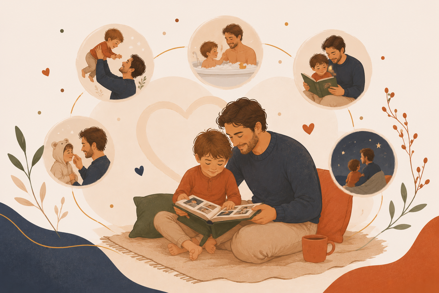 An illustration of a father and son sitting on a blanket, looking at an open photo album together. Surrounding them are small circular images depicting family moments such as playing, bathing, reading, wearing a bear costume, and stargazing.