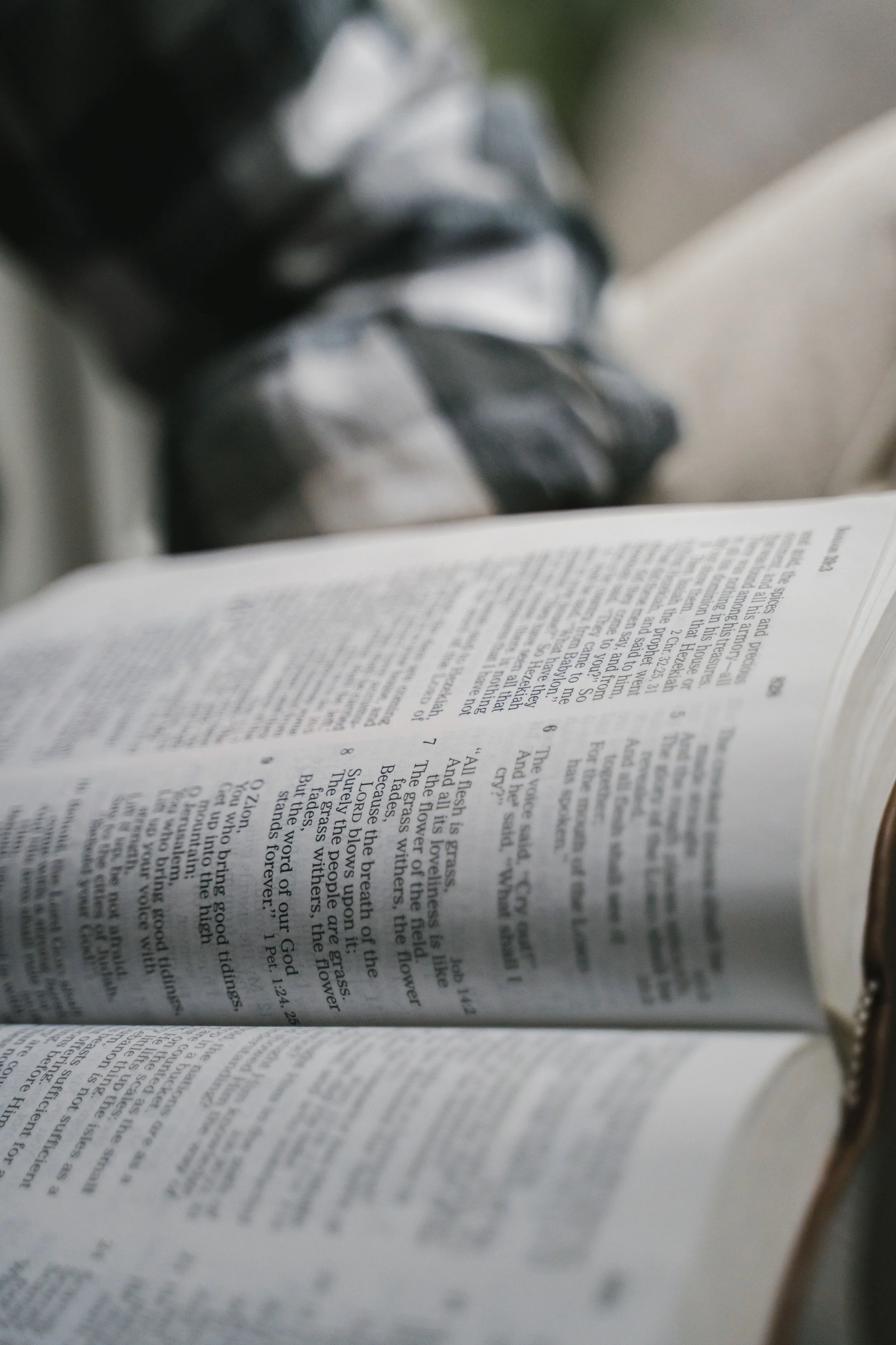 Close-up of an open book taken from a low angle, with printed text on the pages. The background includes a blurred object, possibly fabric or clothing, with a color palette of gray, black, and white.
