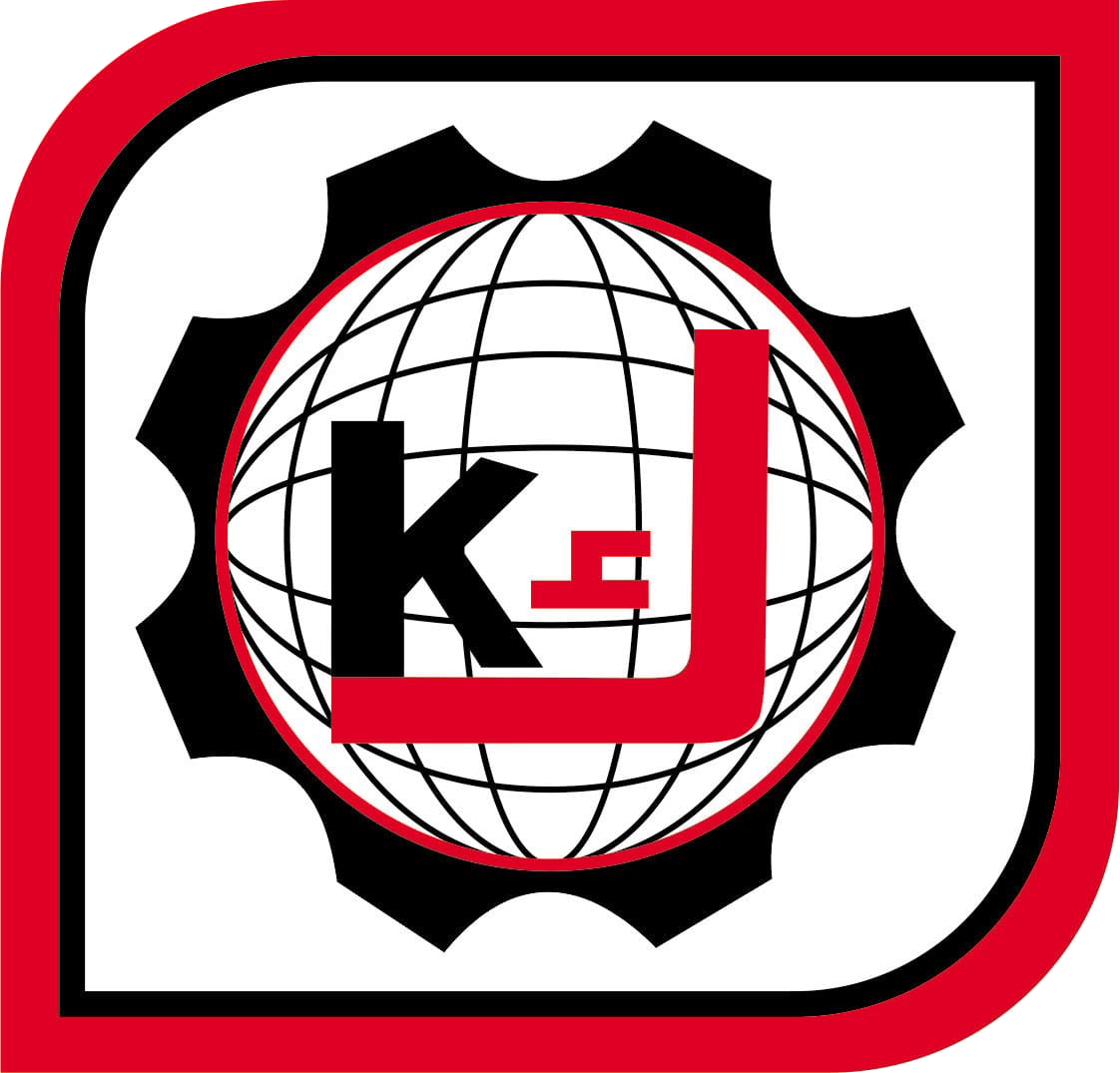 A logo with a gear outline, overlapping a globe with latitude and longitude lines, featuring the letters 'K' and 'J' inside the globe and the letter 'L' in red in the foreground.