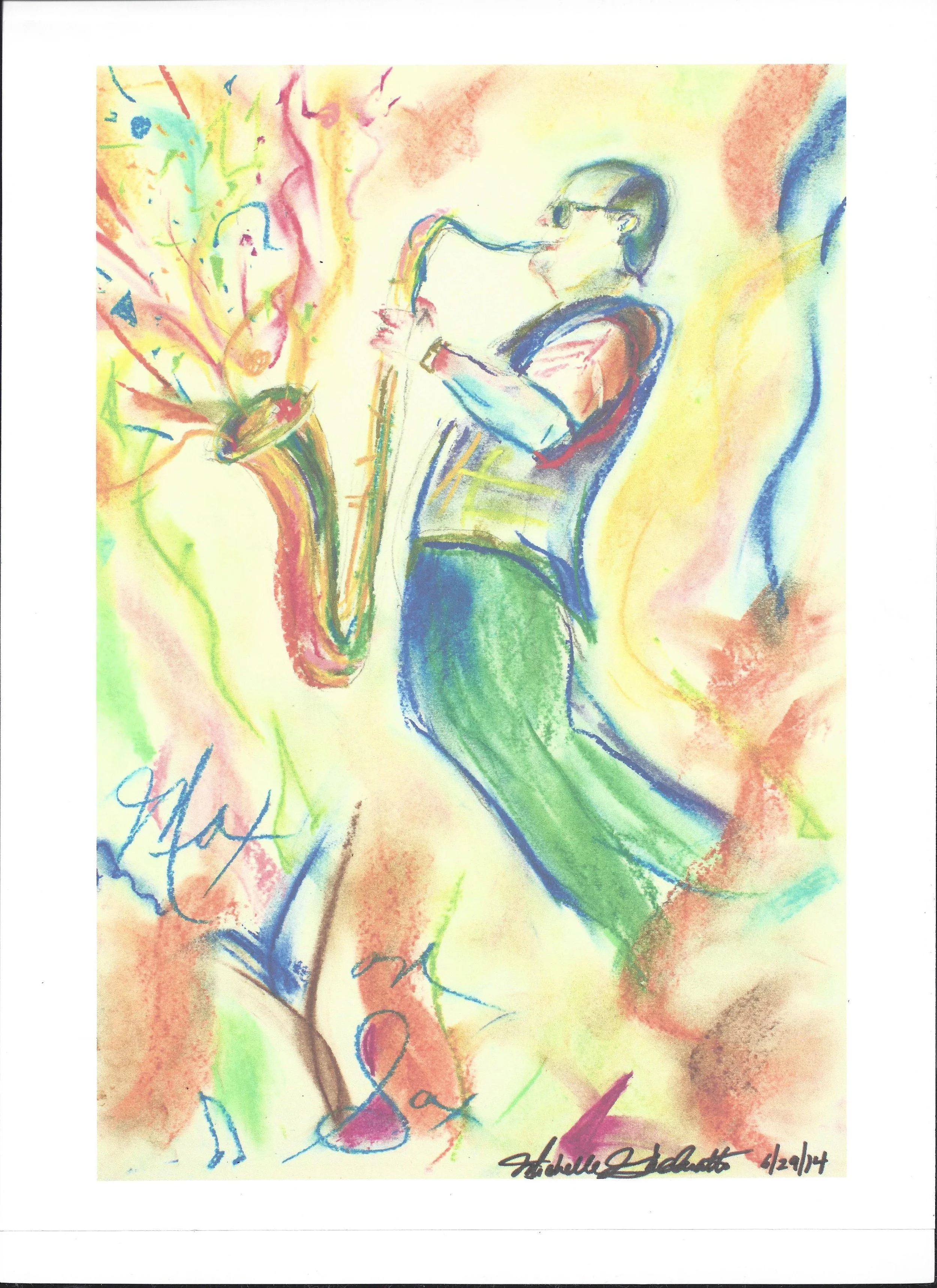Colorful watercolor painting of a woman playing a saxophone with abstract patterns and vibrant colors surrounding her.