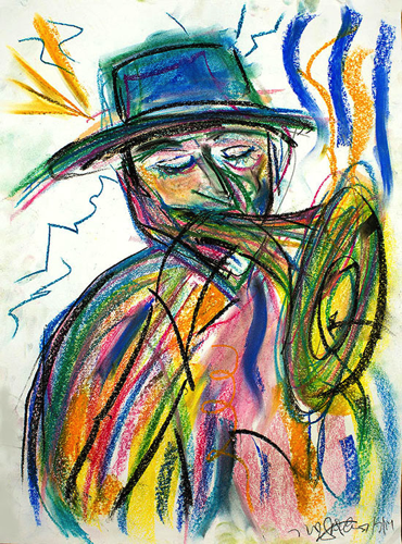 Colorful abstract drawing of a person wearing a wide-brimmed hat, with closed eyes and holding a large lollipop.