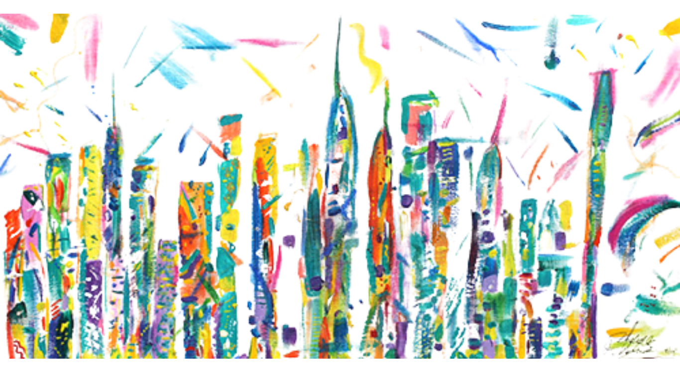 Colorful pieces of paper or fabric with various abstract patterns and splashes of paint, arranged vertically.