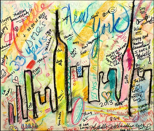 Colorful hand-drawn graffiti-style artwork with words 'New York' and various handwritten messages and doodles.
