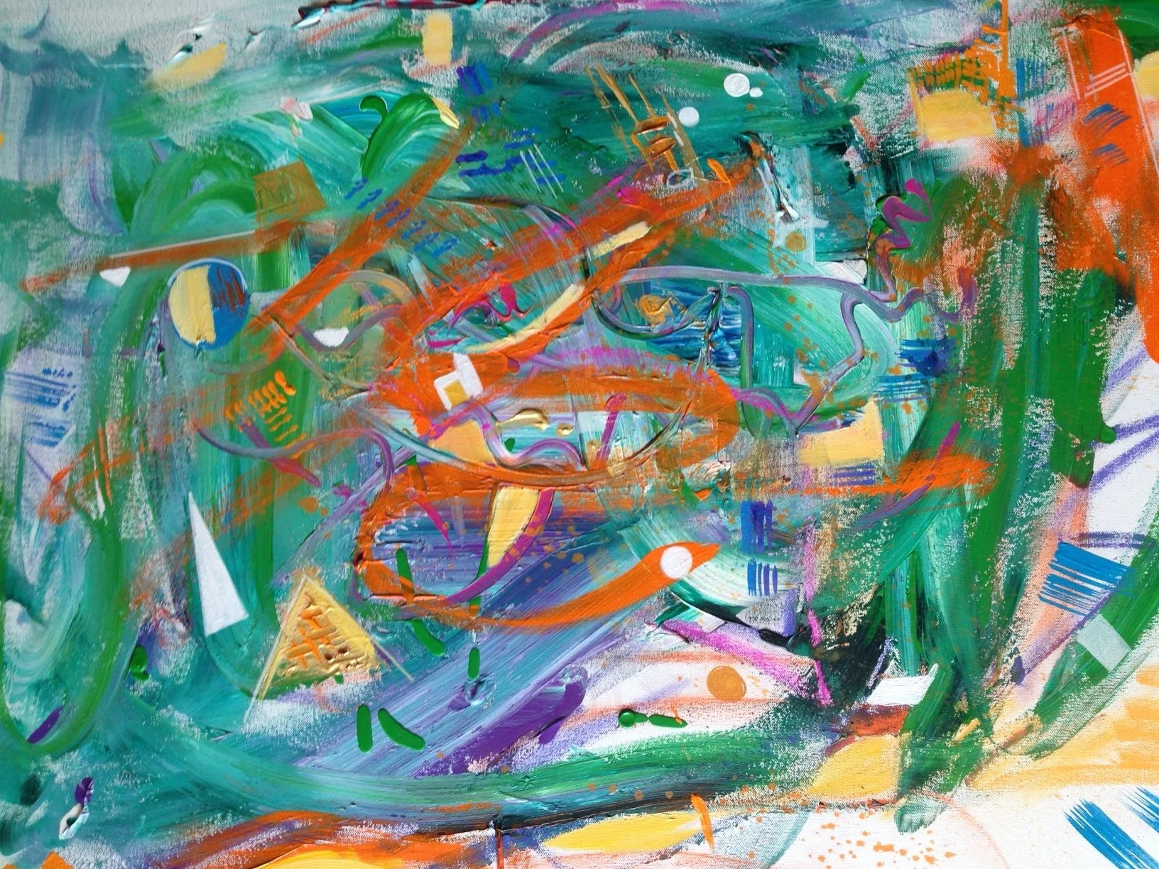 Abstract colorful painting with green, orange, purple, blue, and yellow brushstrokes, splatters, and geometric shapes.