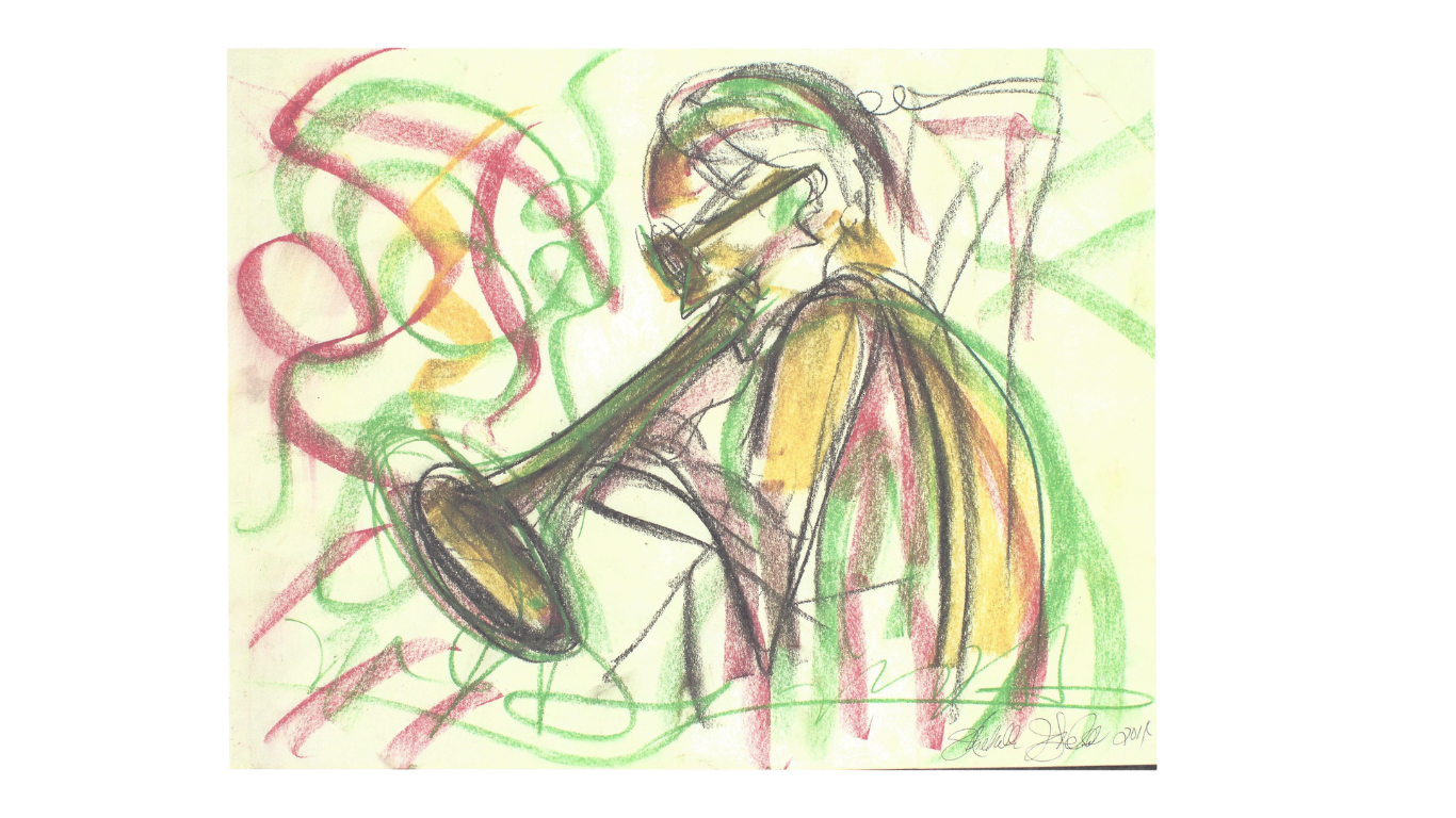 Colorful sketch of a person playing a saxophone, wearing glasses, with green, red, yellow, and black lines.