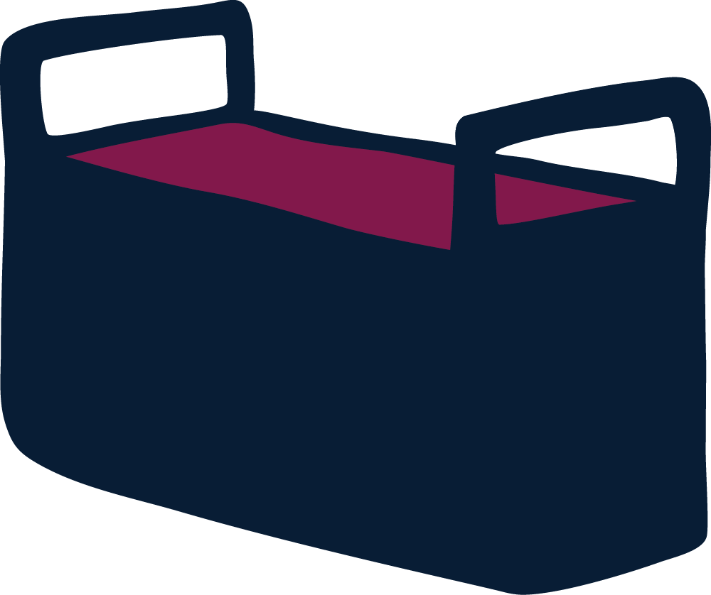 A digital illustration of a hospital bed with a dark blue frame, black head and footboards, and a magenta mattress.