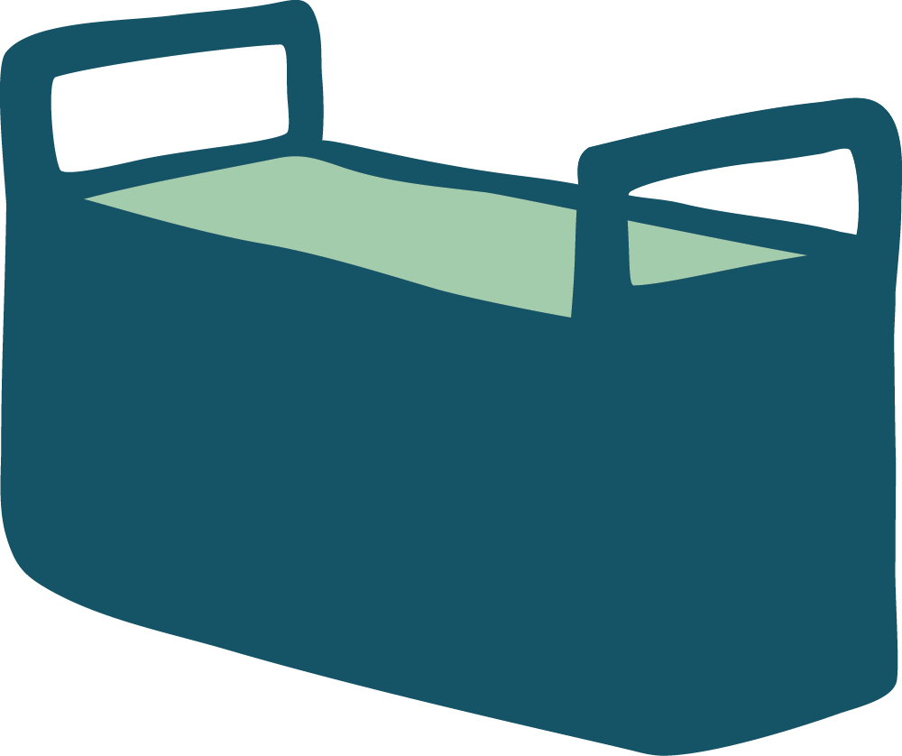 Simplified illustration of an iron with a dark blue body and a light green soleplate.