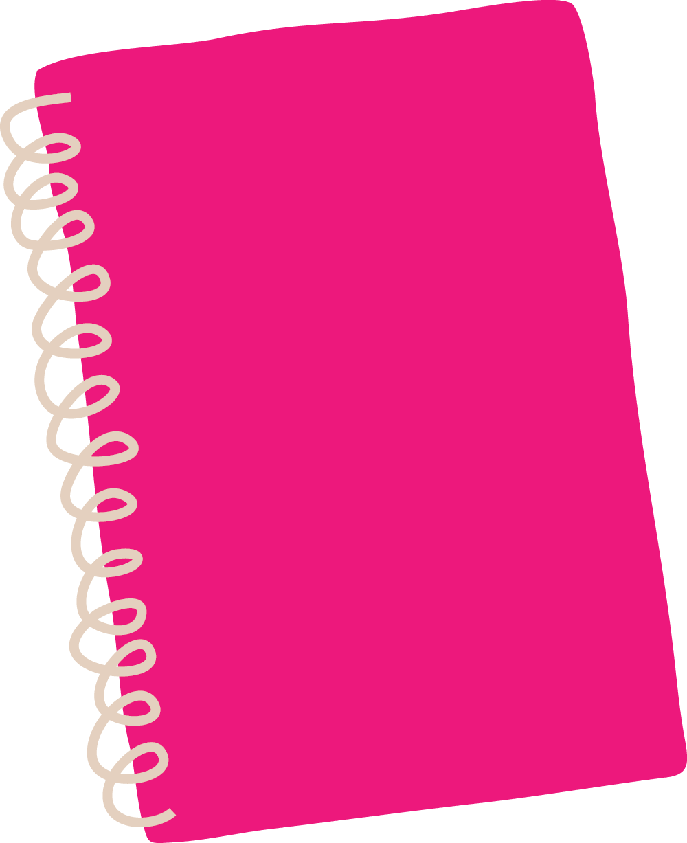 A pink spiral notebook with rounded corners and a beige spiral binding on the left side.