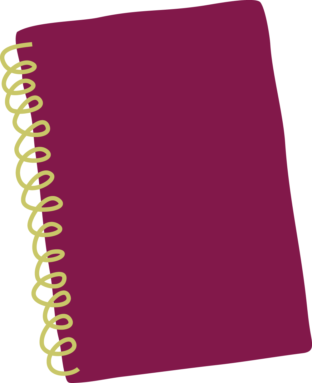 A digital illustration of a purple spiral notebook with a yellow-green spiral binding on the left side.