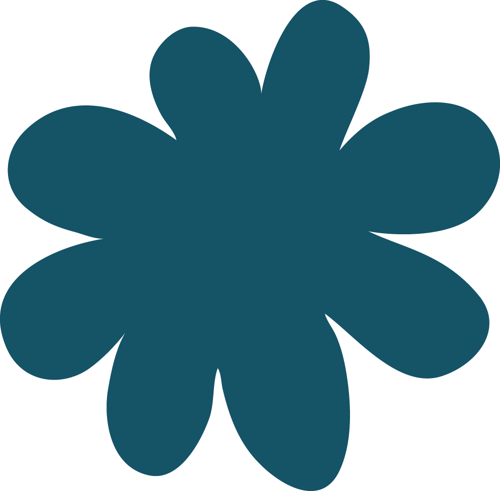 A graphic of a stylized, solid dark teal flower with rounded petals.