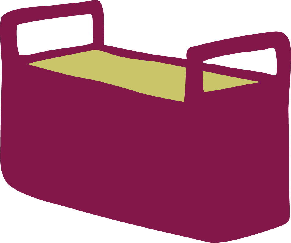 Simplified illustration of a bed with a purple frame and yellow bedding.