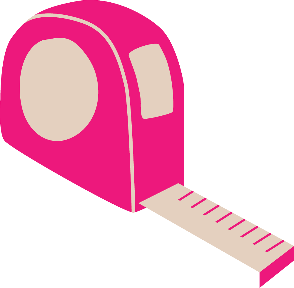 Pink and beige measuring tape with a curved pink casing and extending tape with measurement markings