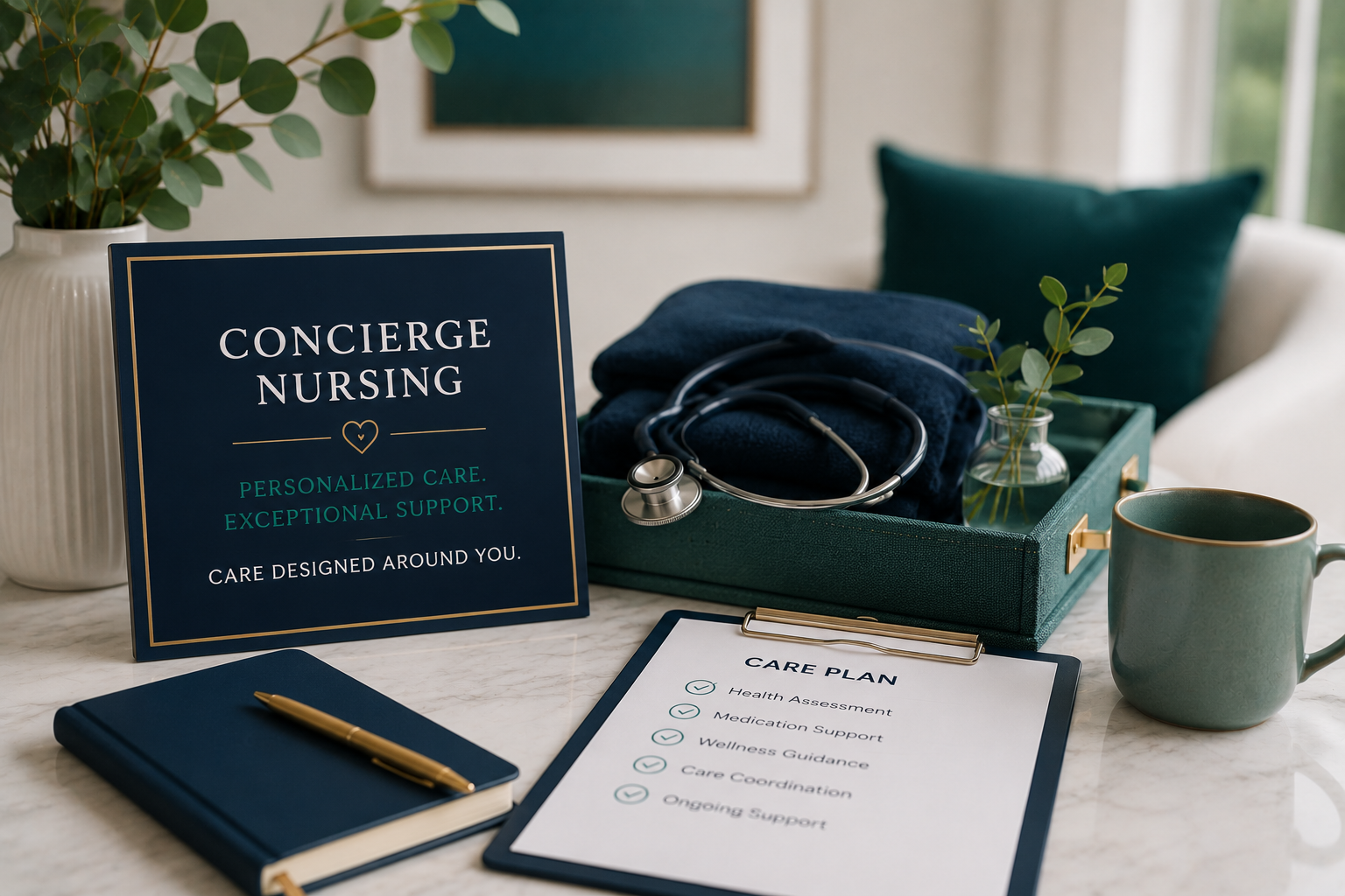 A desk with a sign that reads 'Concierge Nursing, Personalized Care, Exceptional Support,' a stethoscope, a green tray with folded towels, a small vase with green leaves, a blue notebook with a gold pen, a clipboard with a care plan, a green mug, and a potted plant in the background.